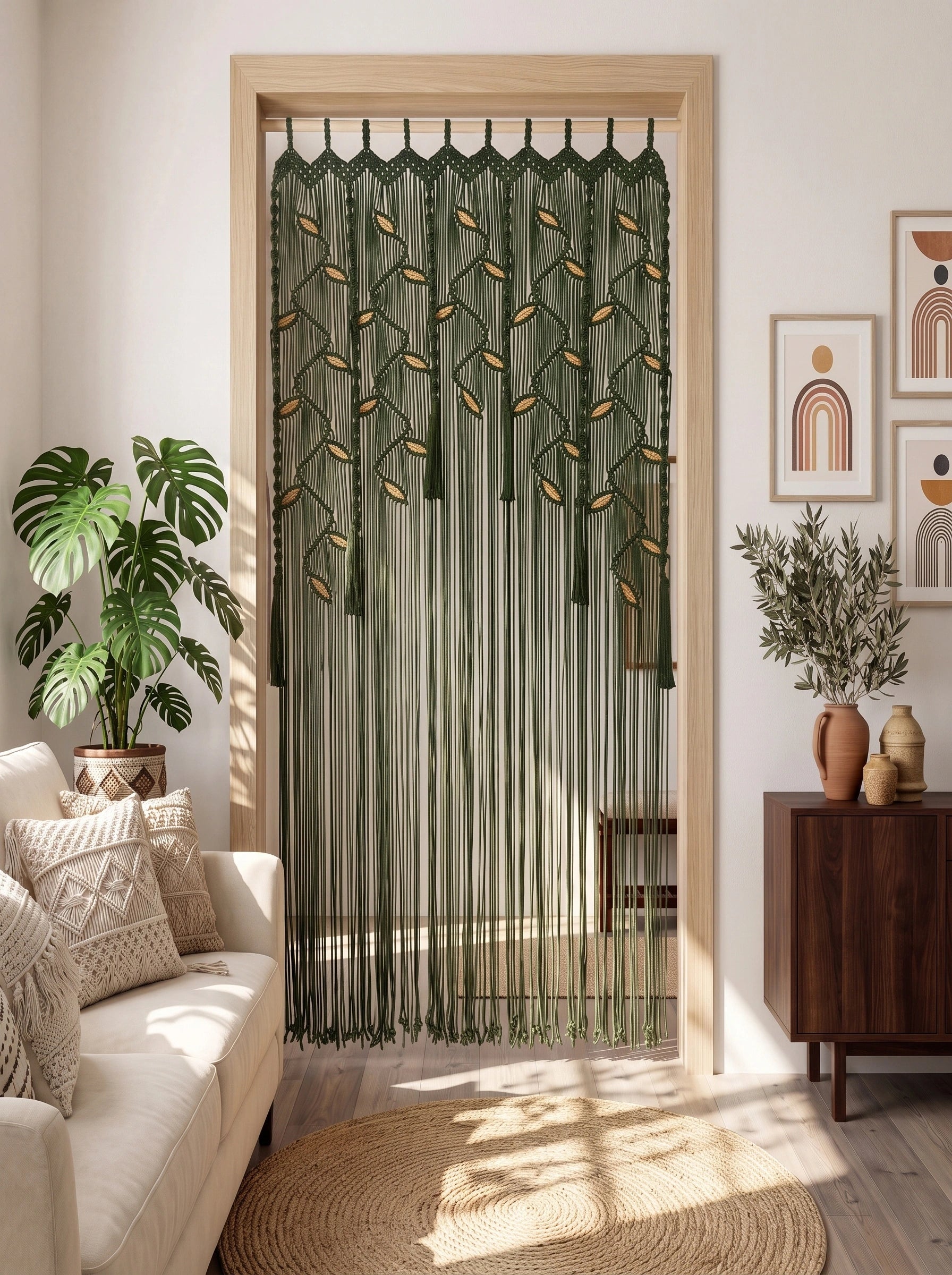 A green beaded doorway curtain with a leaf pattern hanging in a wooden frame in a styled living room.