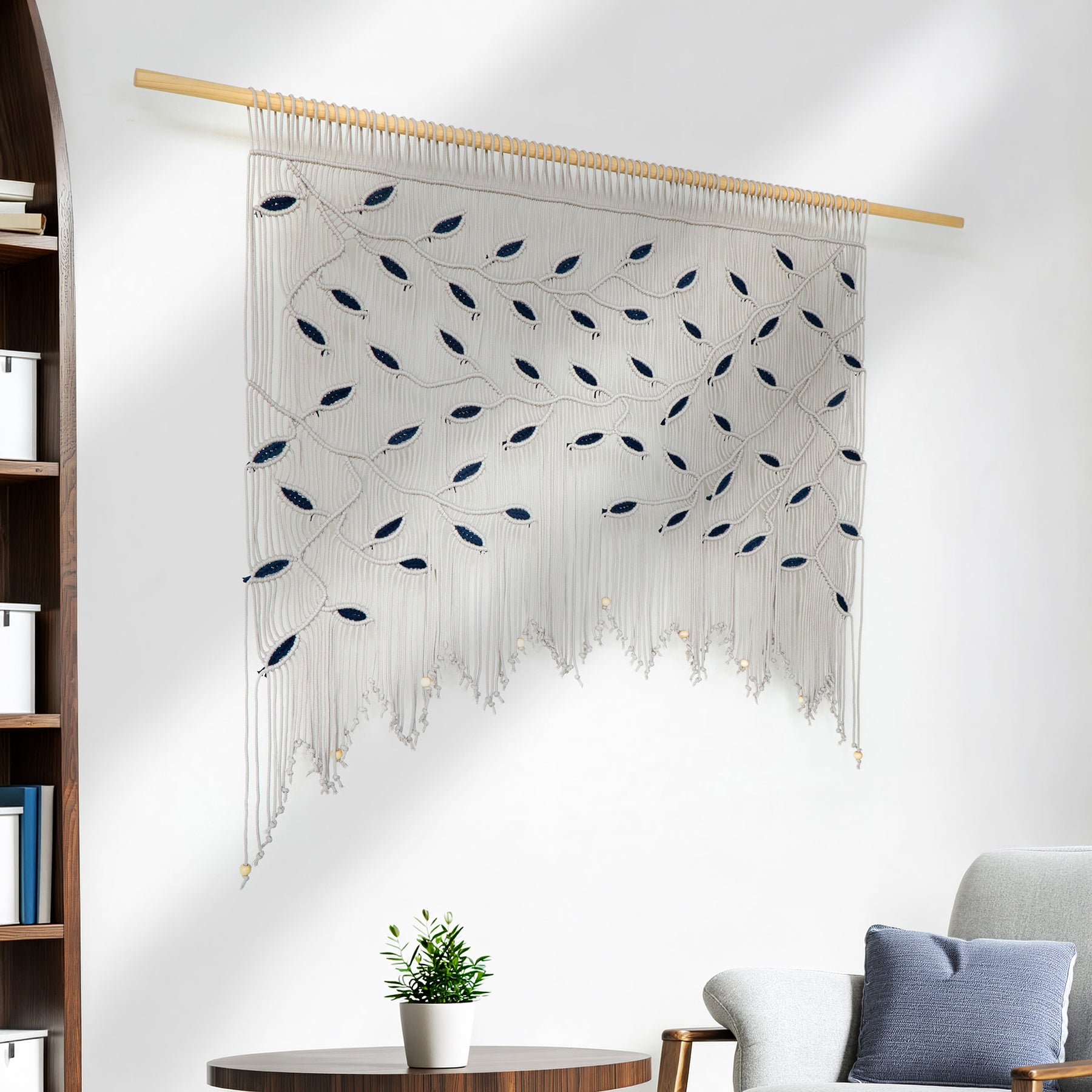 Sophisticated neutral macrame window valance in taupe with botanical vine details and wood beads.