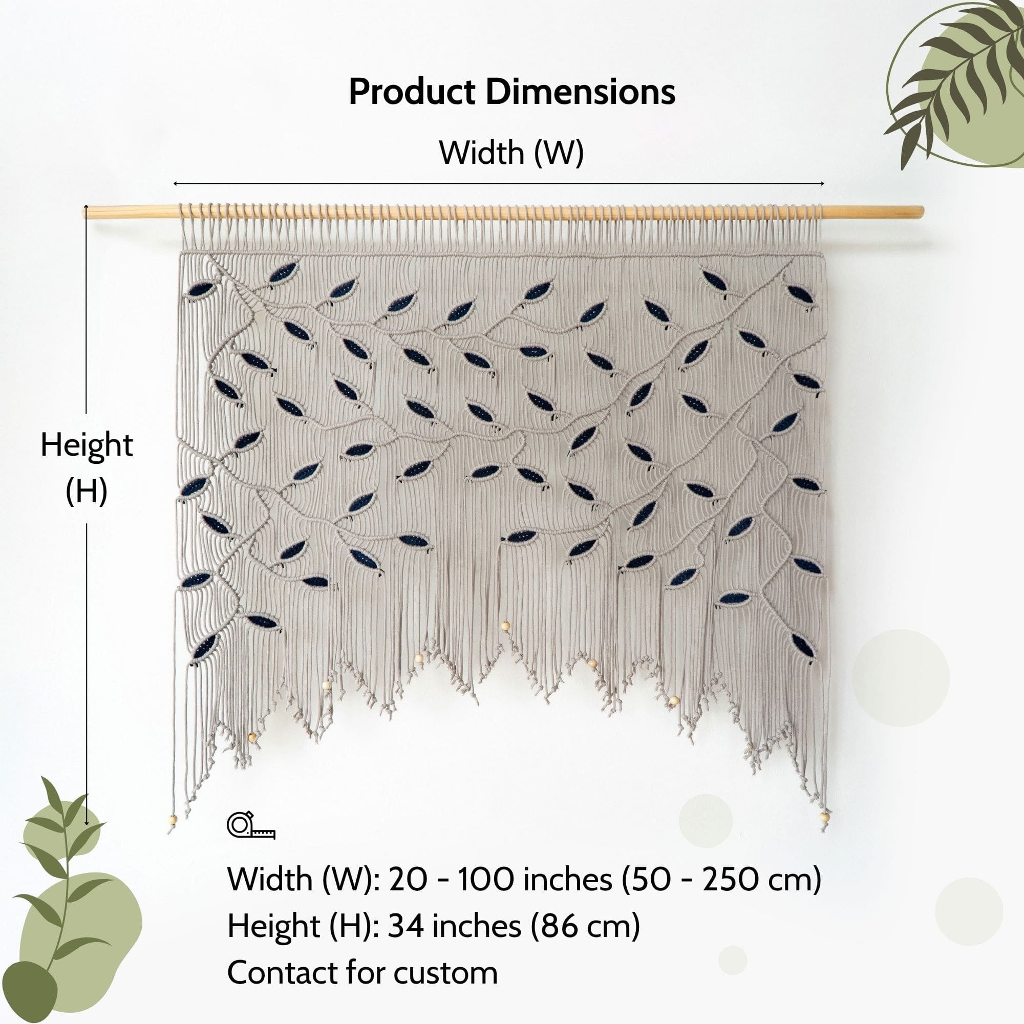 Decorative wall hanging with measurement details on a white background