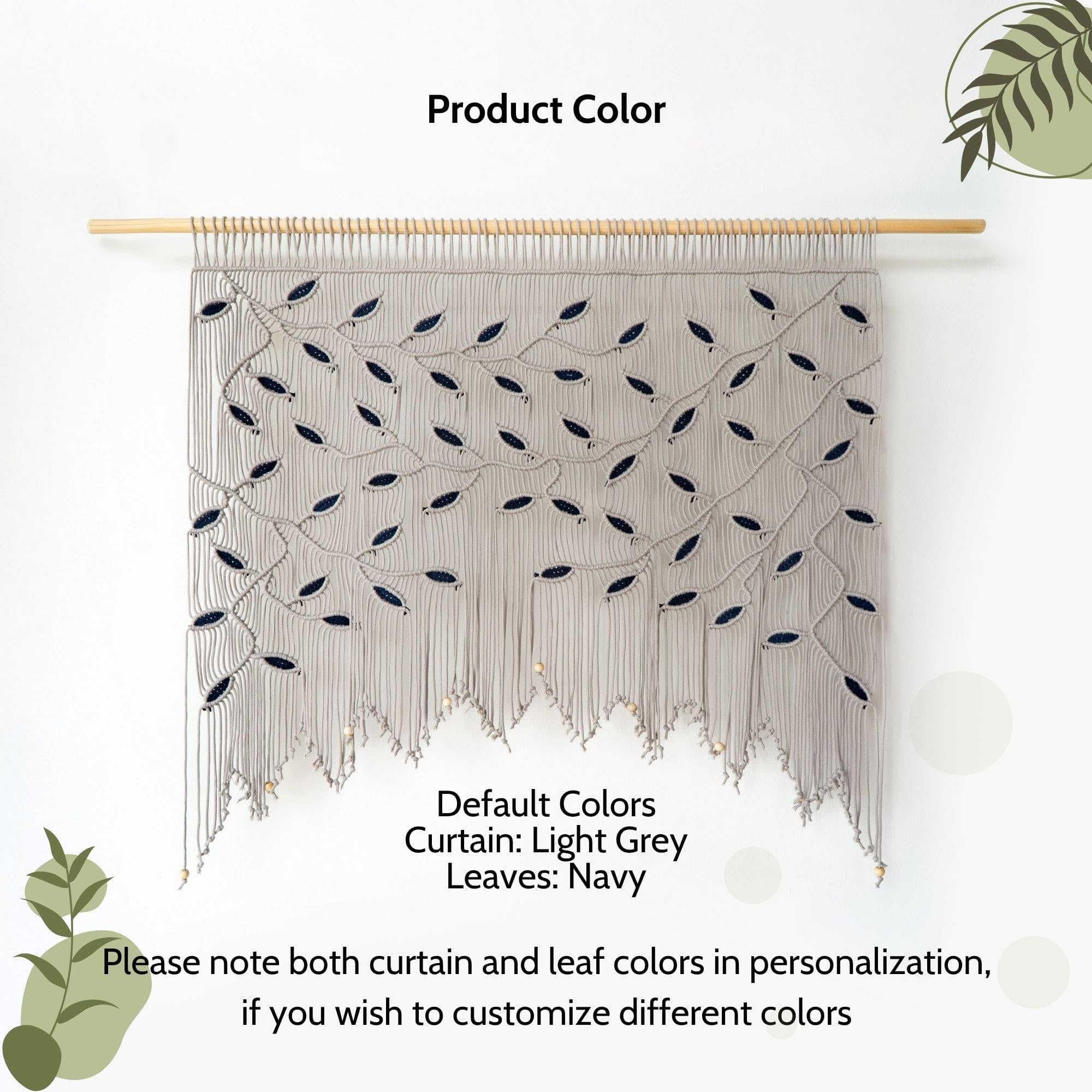 Extra-wide taupe textile wall mural featuring a continuous climbing vine pattern with navy leaf inserts.