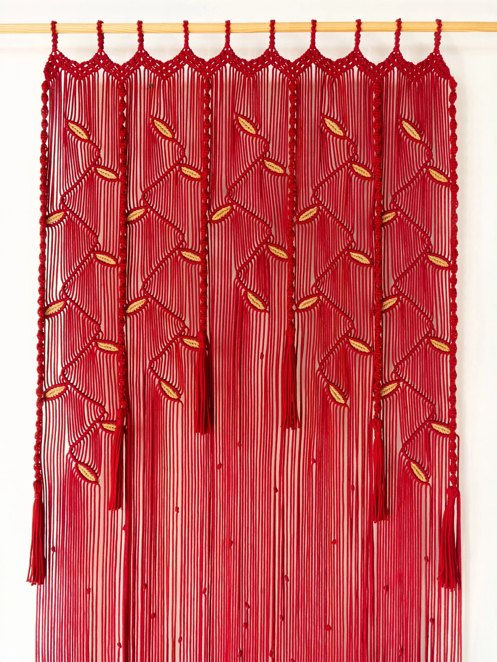 Large Maroon Red Macrame Doorway Curtain with Latte Leaf Accents