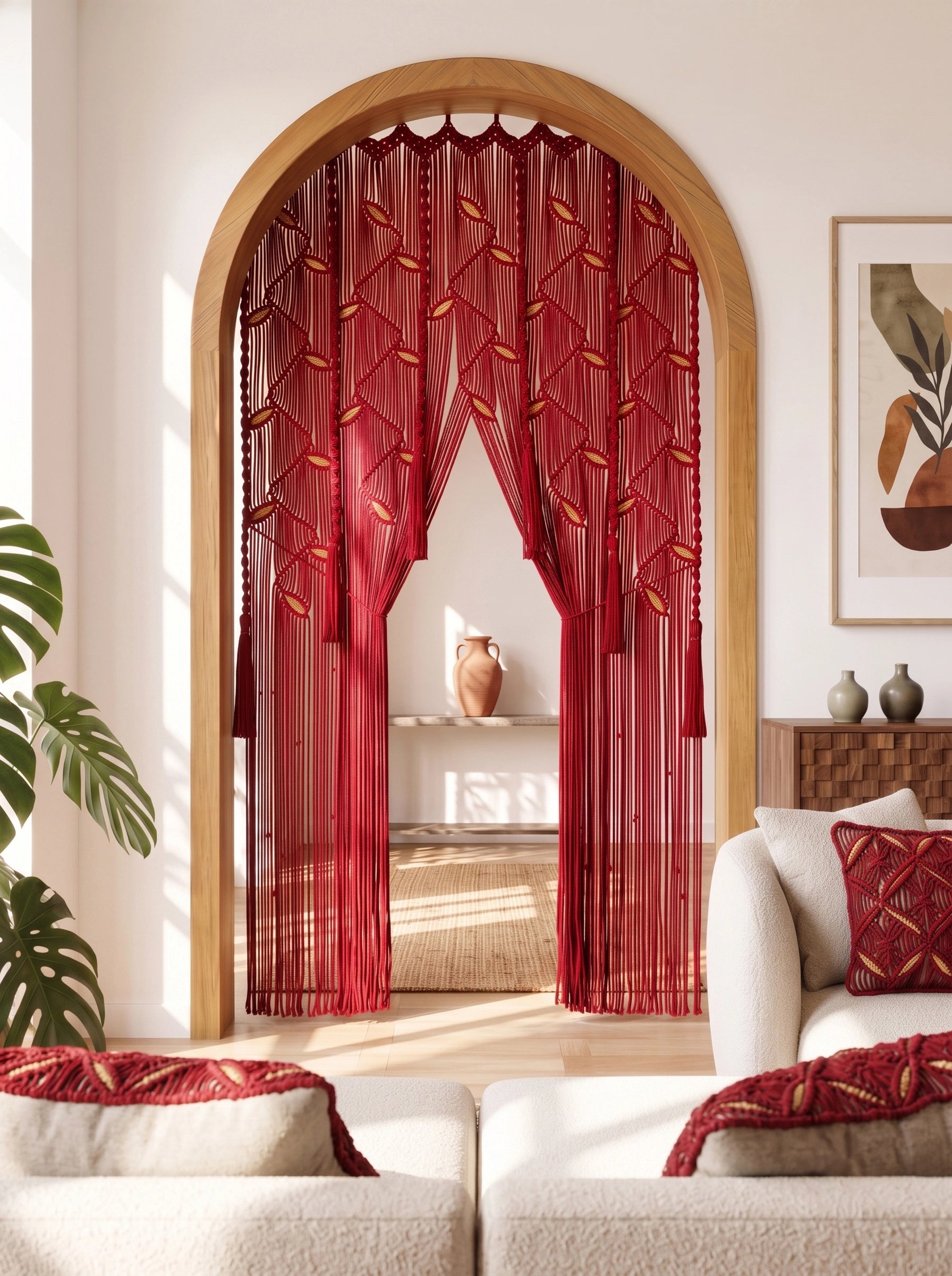 Red sheer curtain panels with a leaf pattern and tassel fringe, hanging in an arched doorway in a bright, modern living room.