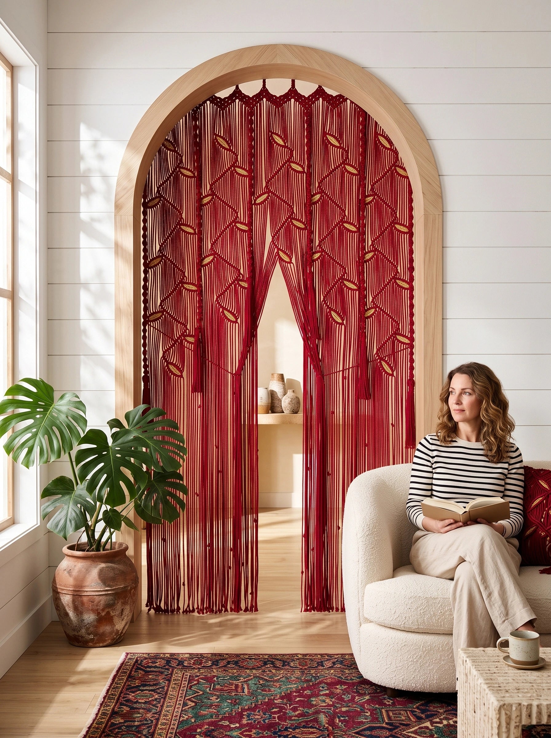 A woman sits in a cream boucle armchair beside a large arched doorway decorated with red sheer fringe curtains and gold leaf-patterned hanging accents, in a bright room with a potted plant and rug.
