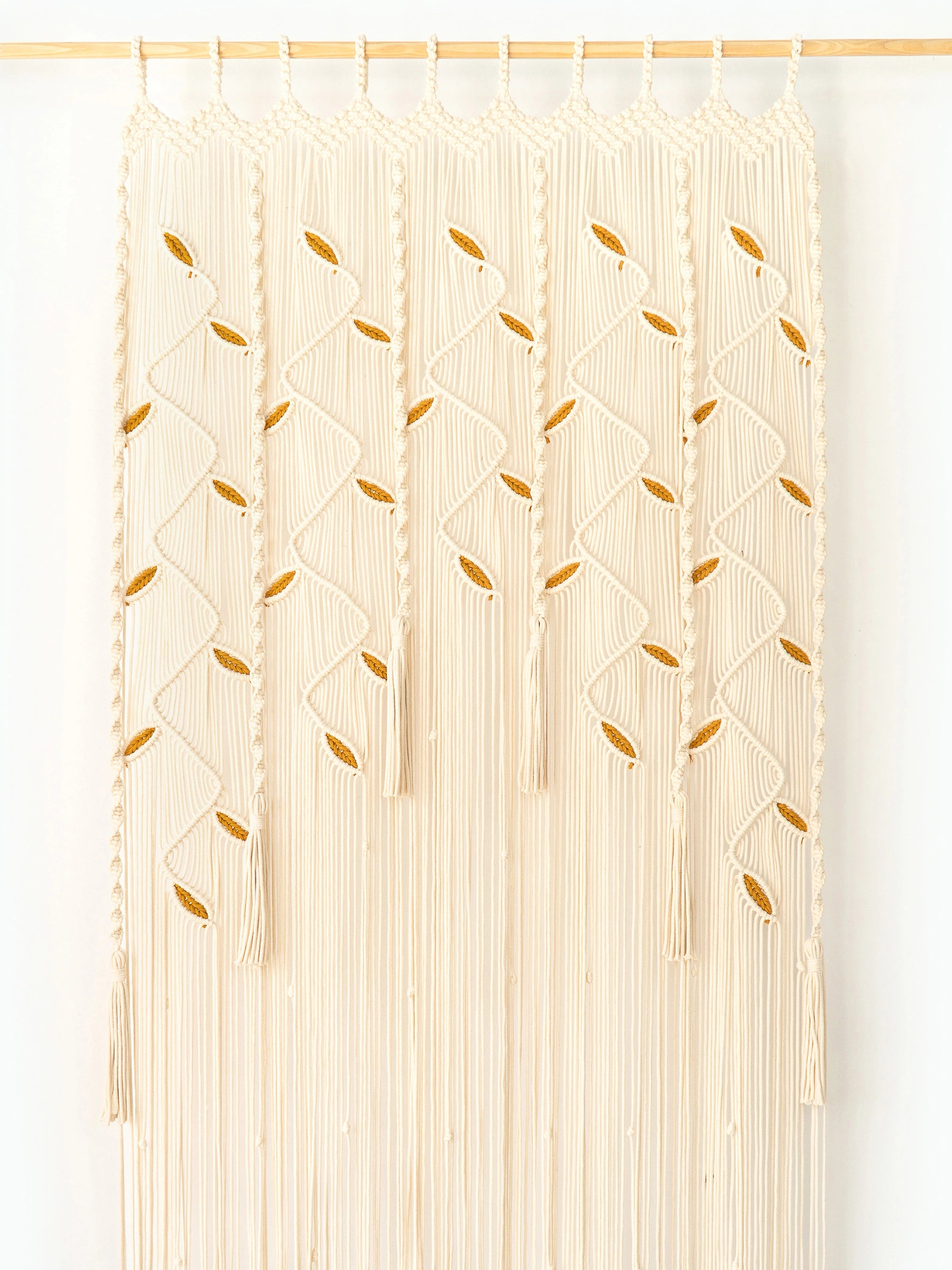 Large Natural Macrame Doorway Curtain with Latte Leaf Accents