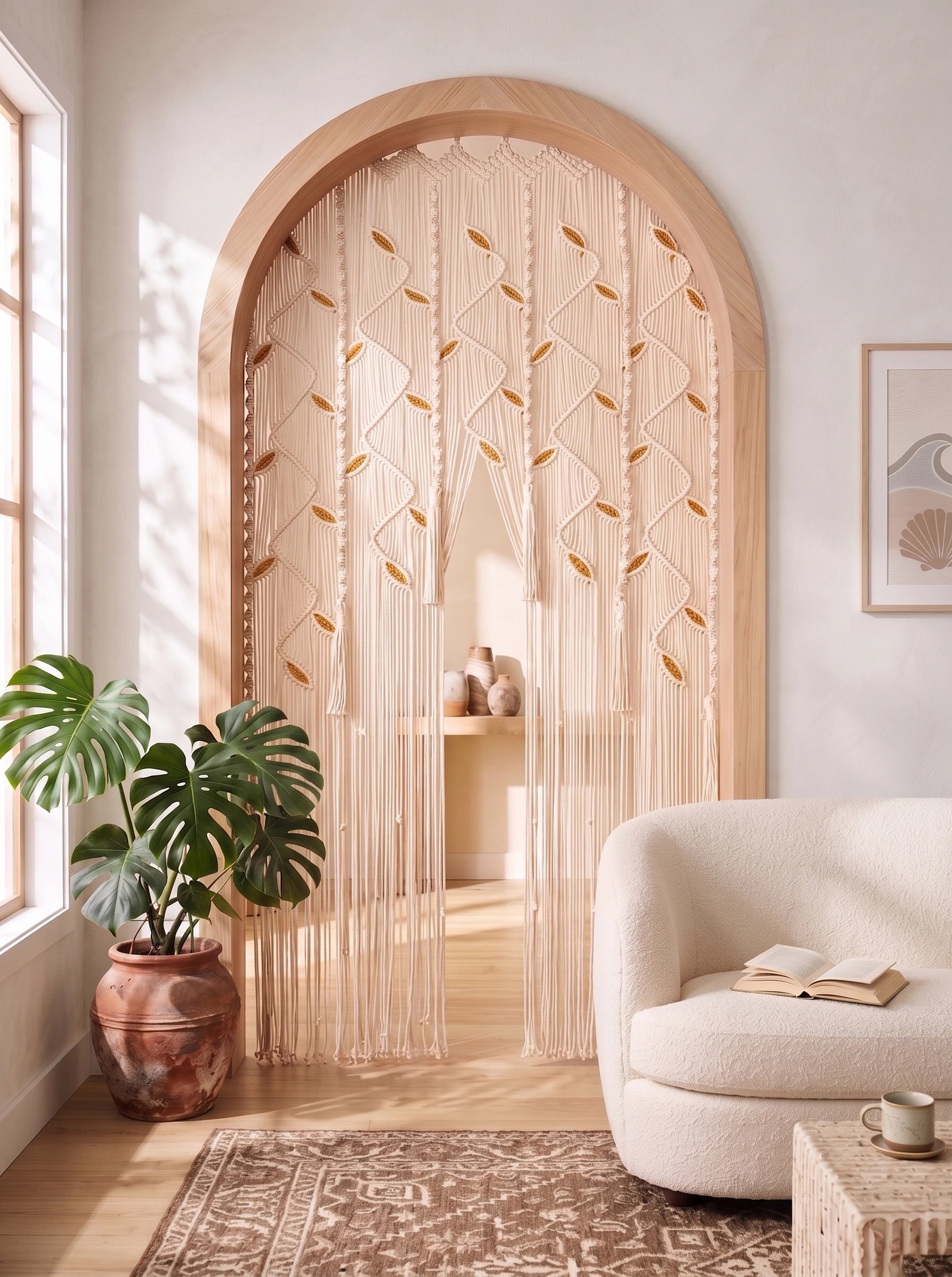 A boho-style arched doorway divider made of cream cord beads and small wooden leaf accents, styled in a warm, sunlit living room next to a white armchair and a potted plant.