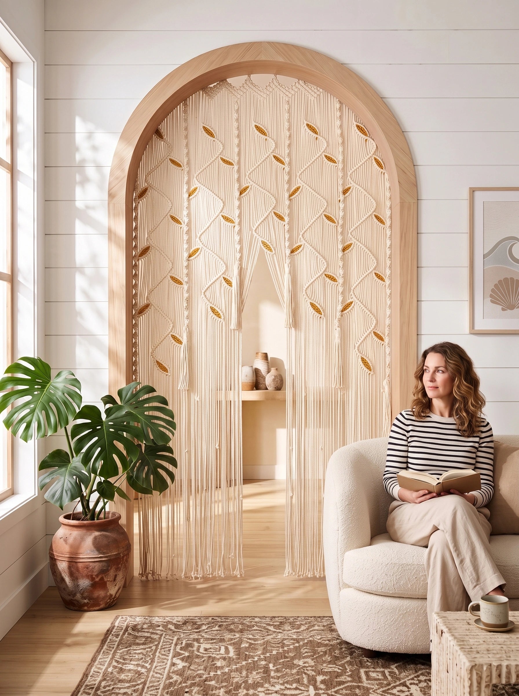 A woman sits in a cream armchair in a bright, modern living room, reading a book. To her left is a large arched wooden doorway decorated with a cream beaded curtain featuring gold-toned geometric accents.