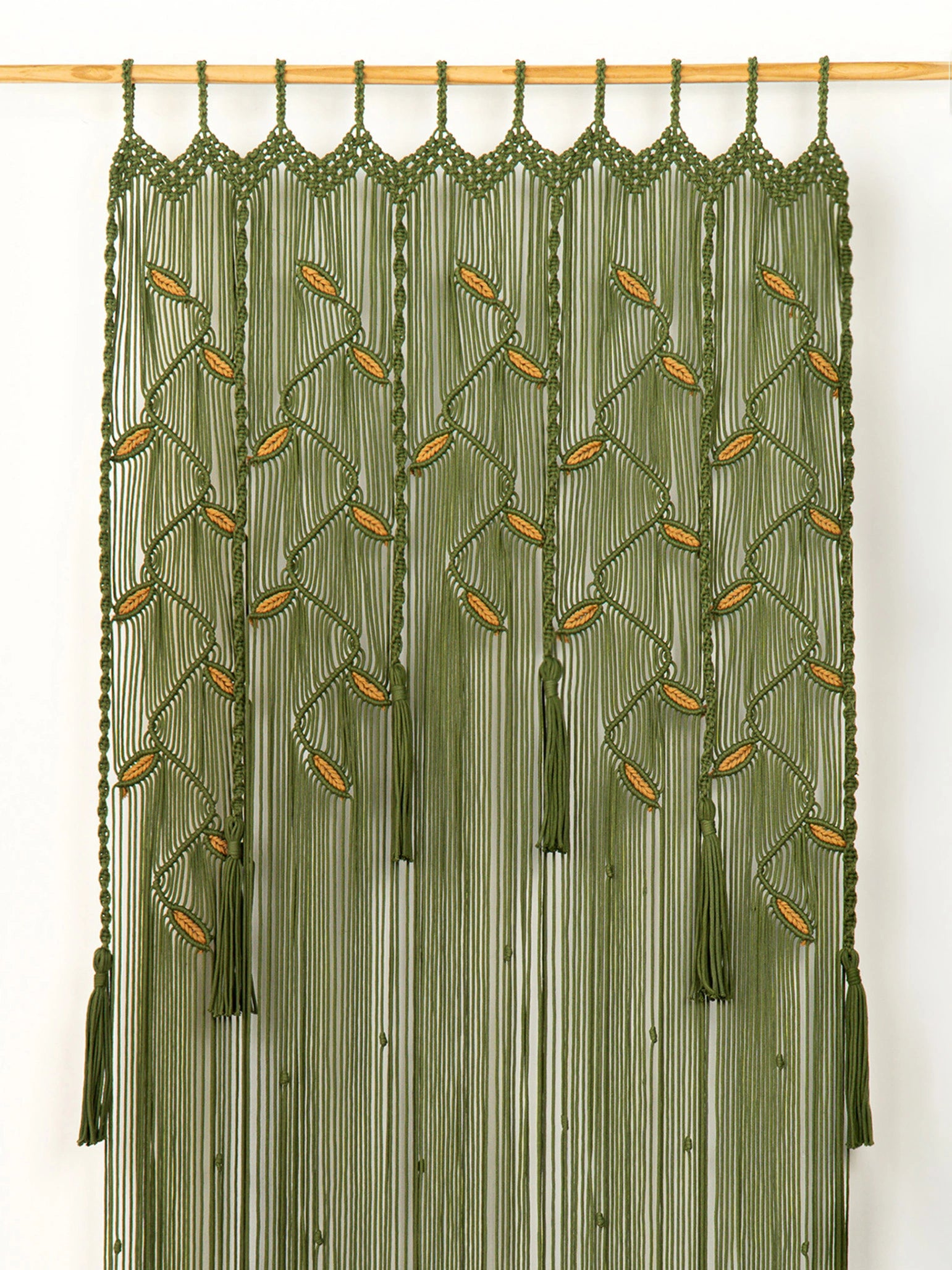Large Olive Green Macrame Doorway Curtain with Latte Leaf Accents