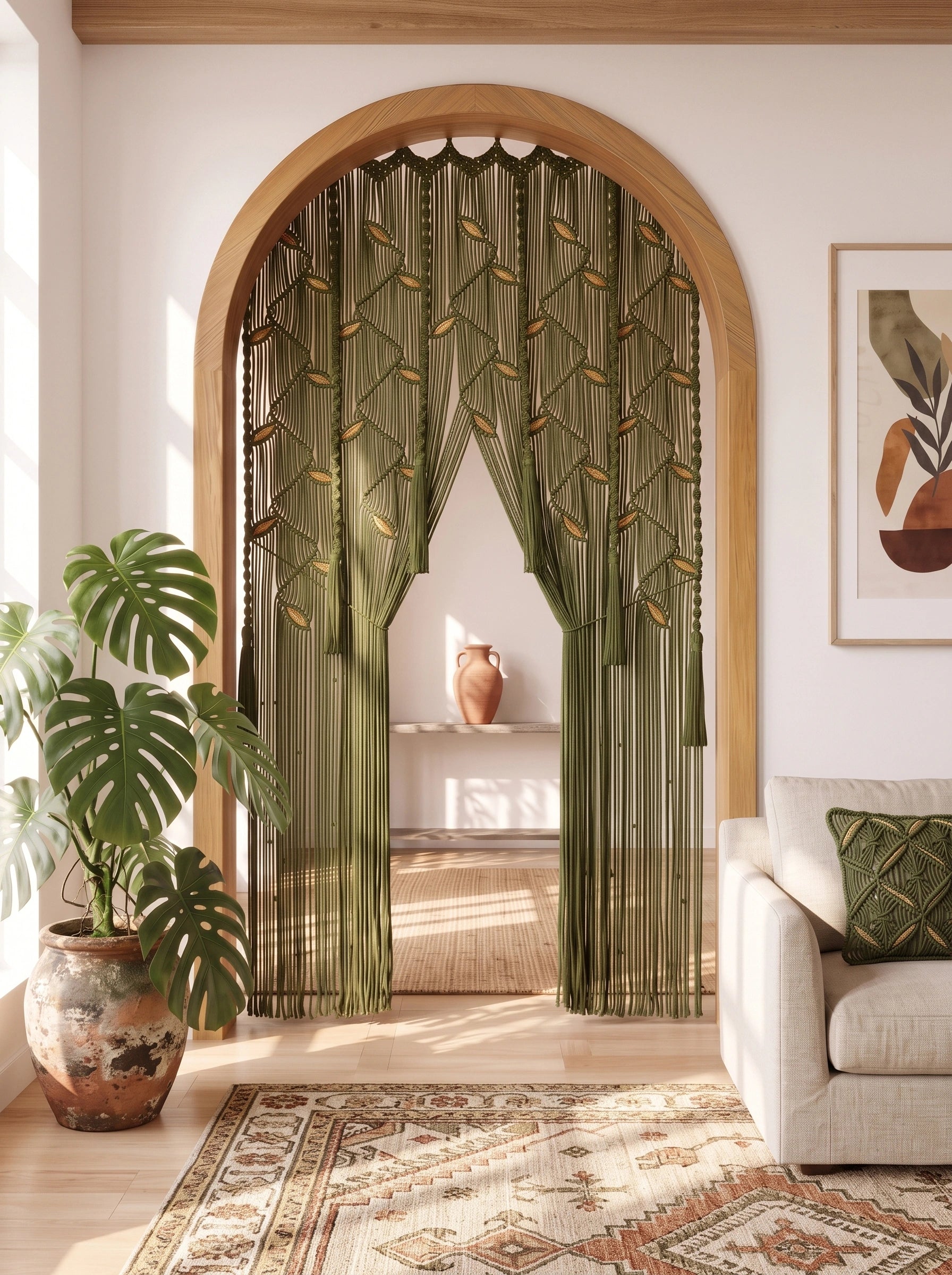 Arched doorway with olive green beaded curtains featuring a leaf pattern, styled in a warm, modern living room with a sofa, rug, and potted plant.