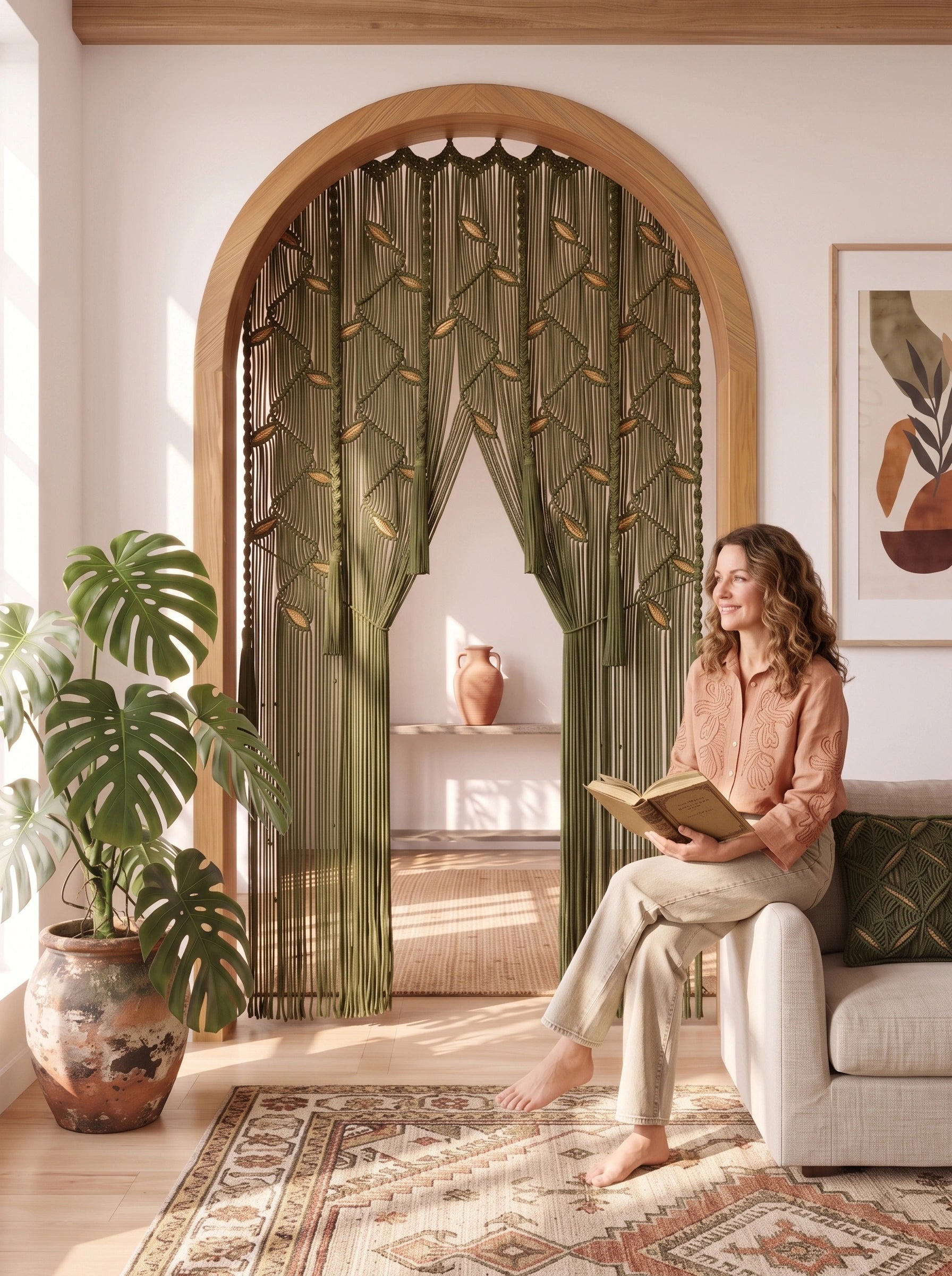 A woman sits barefoot on a light beige sofa in a sunlit living room, holding an open book. To her left is a large potted monstera plant and a patterned rug.