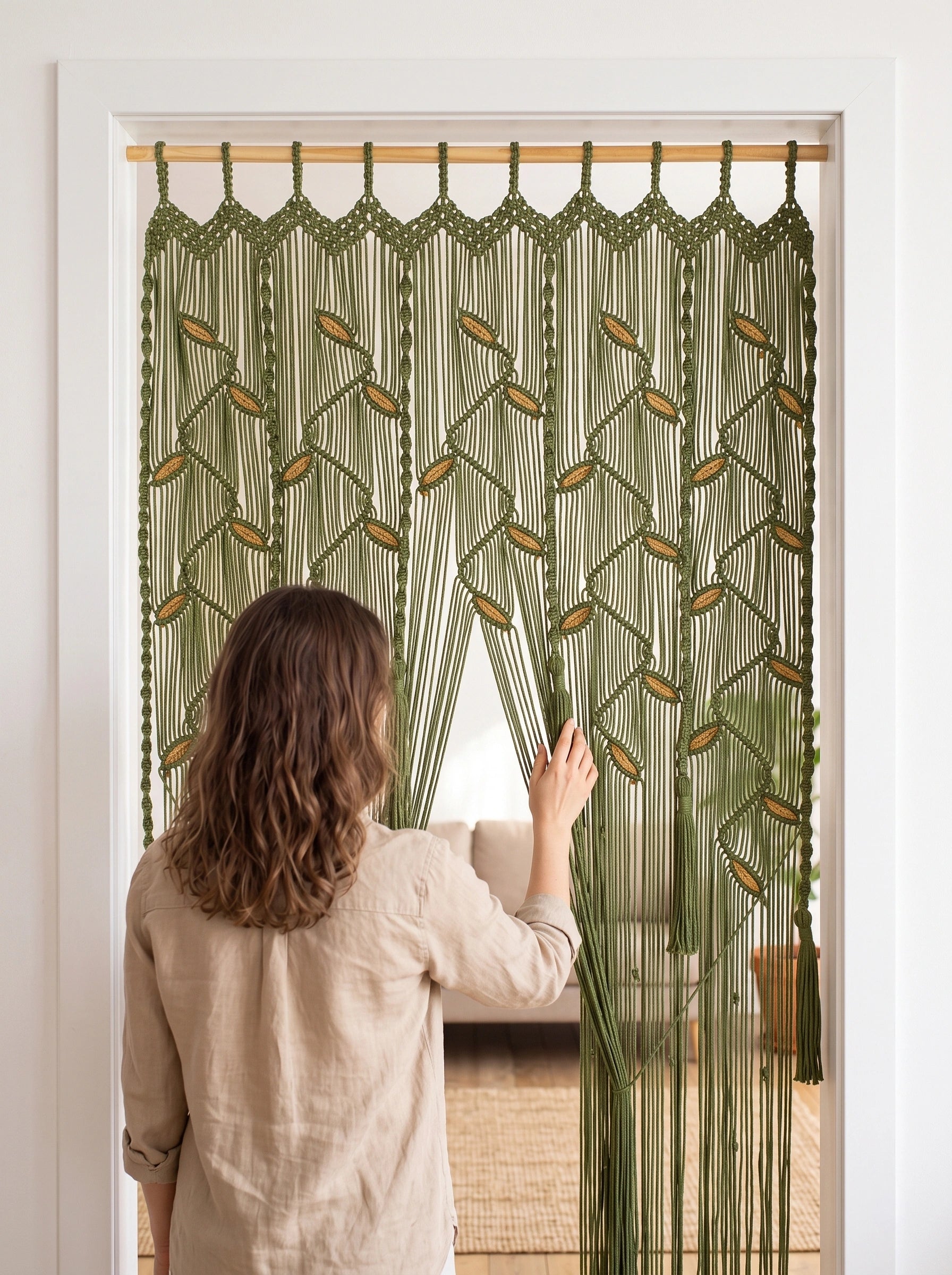 A woman in a beige linen shirt stands in a doorway, opening a green macrame curtain with woven leaf patterns. The curtain hangs from a wooden rod in a white-framed door.