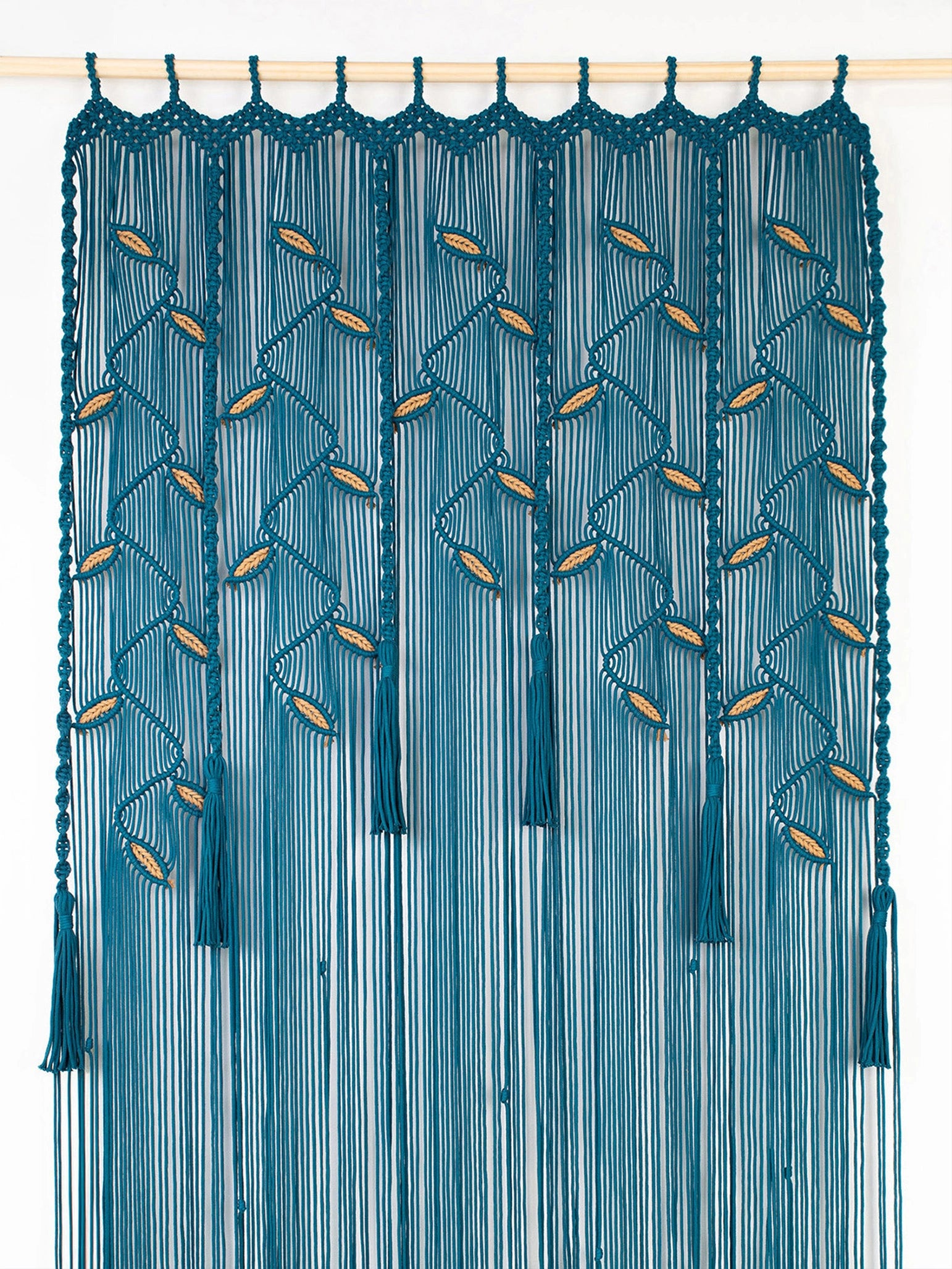 Large Peacock Macrame Doorway Curtain with Latte Leaf Accents