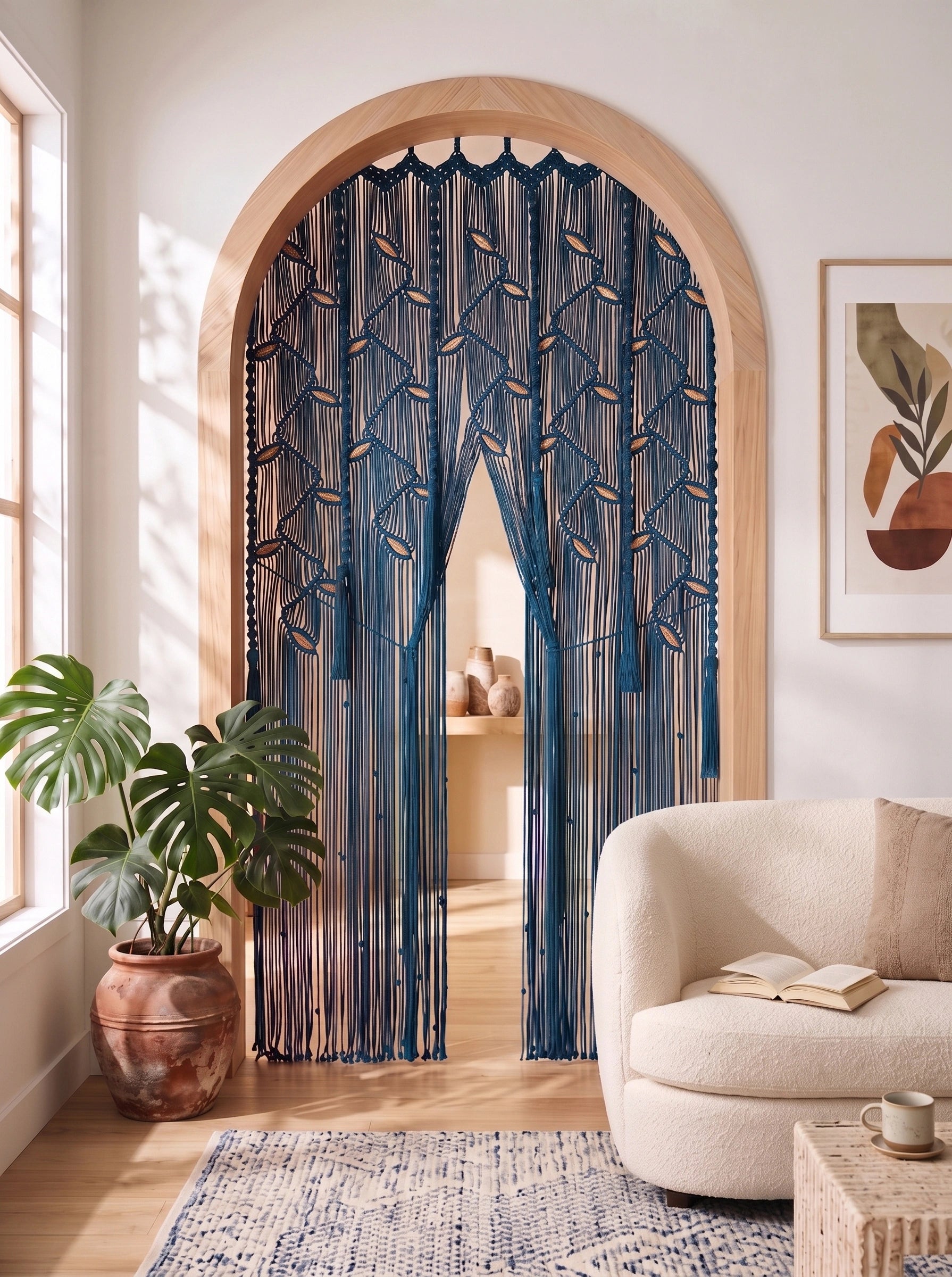 A boho-style arched doorway divider made of cream cord with woven geometric patterns and hanging leaf accents, styled in a warm, sunlit living room next to a white armchair and a potted plant.