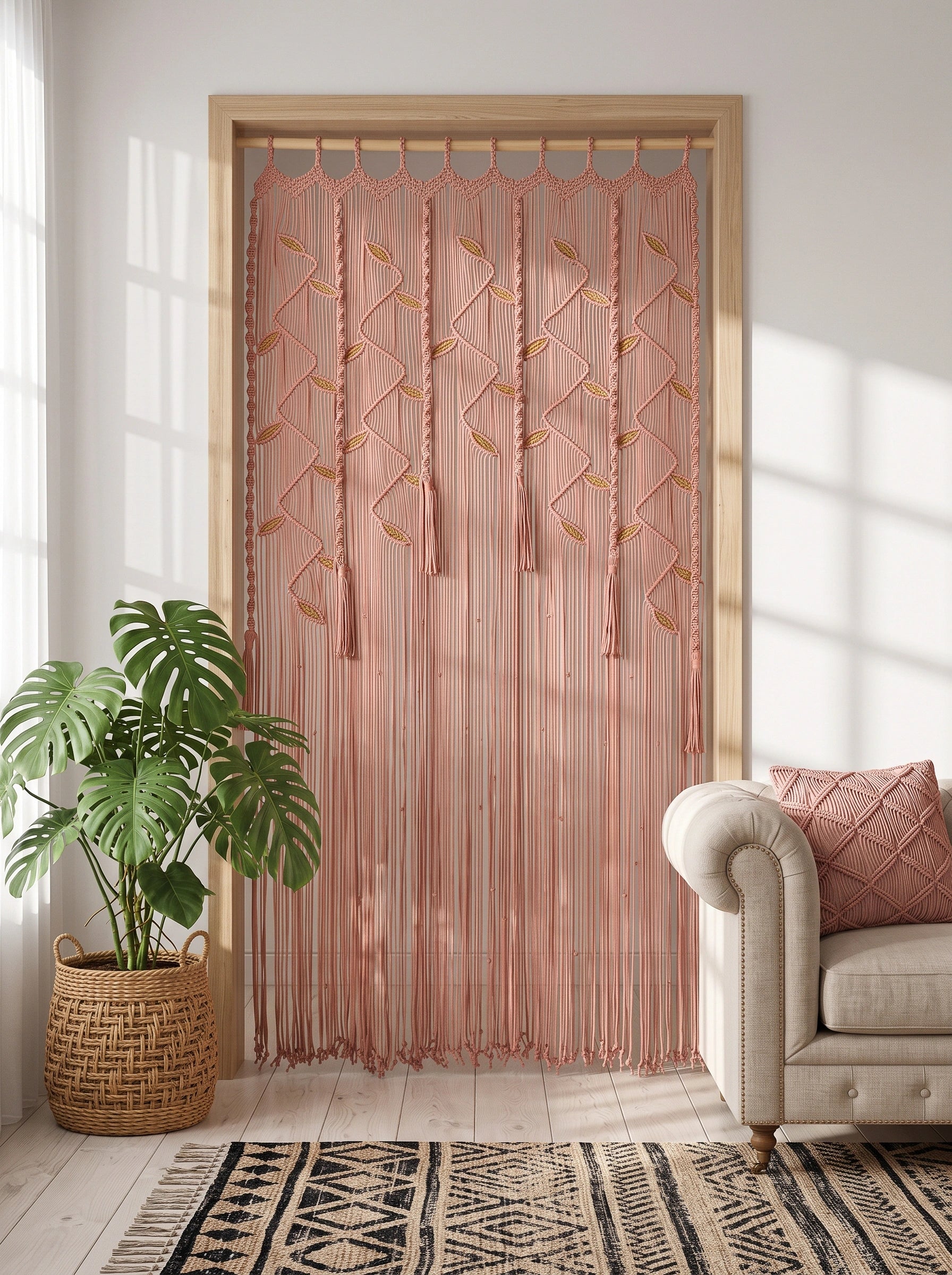 Hand-knotted botanical macrame doorway curtain in warm blush pink suspended from a solid wood hanging dowel.