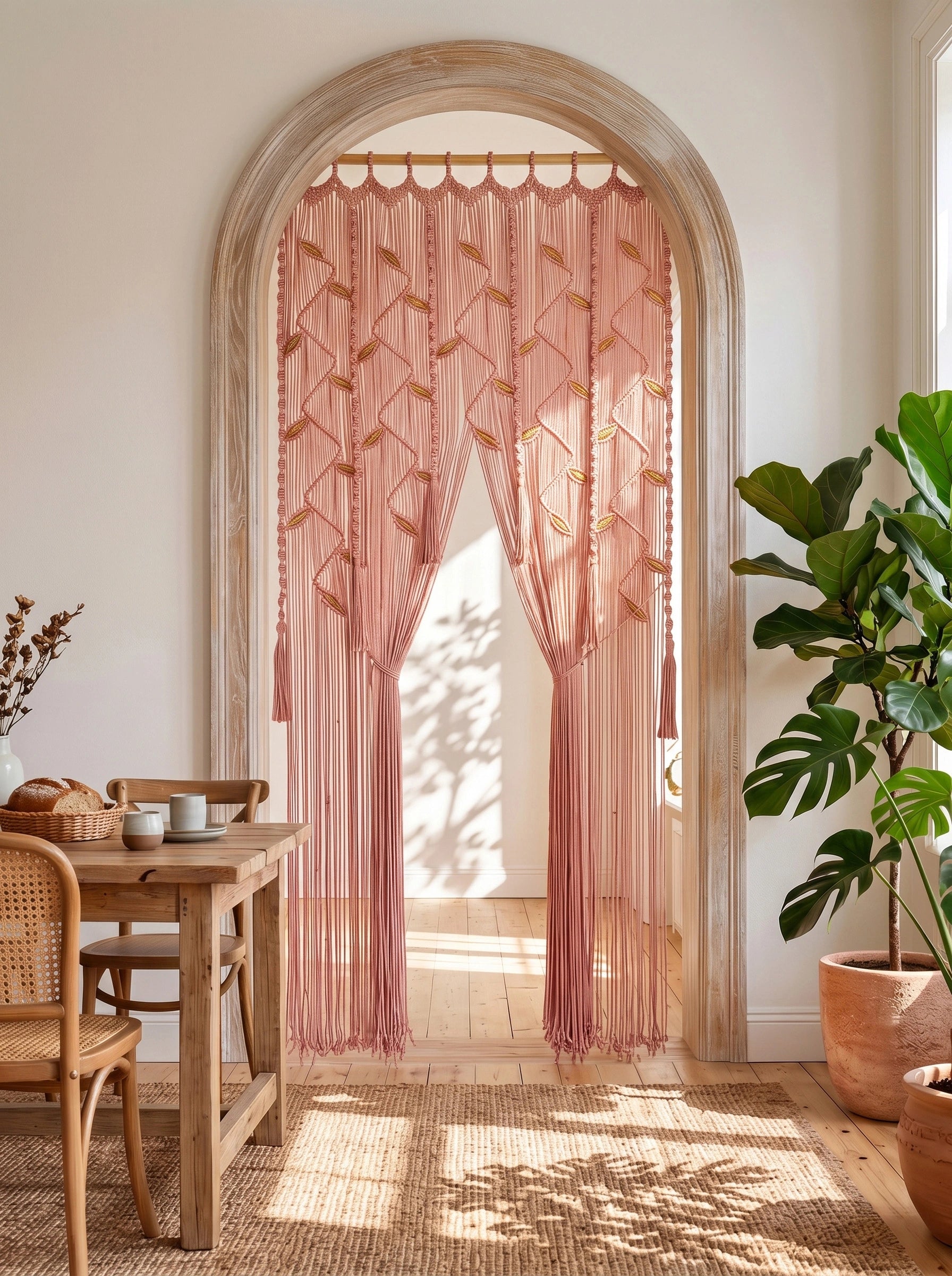 A pair of dusty pink sheer curtains with a geometric embroidered pattern and tassel ties, hanging in an arched doorway in a bright, modern room with a wooden dining table and potted plants.