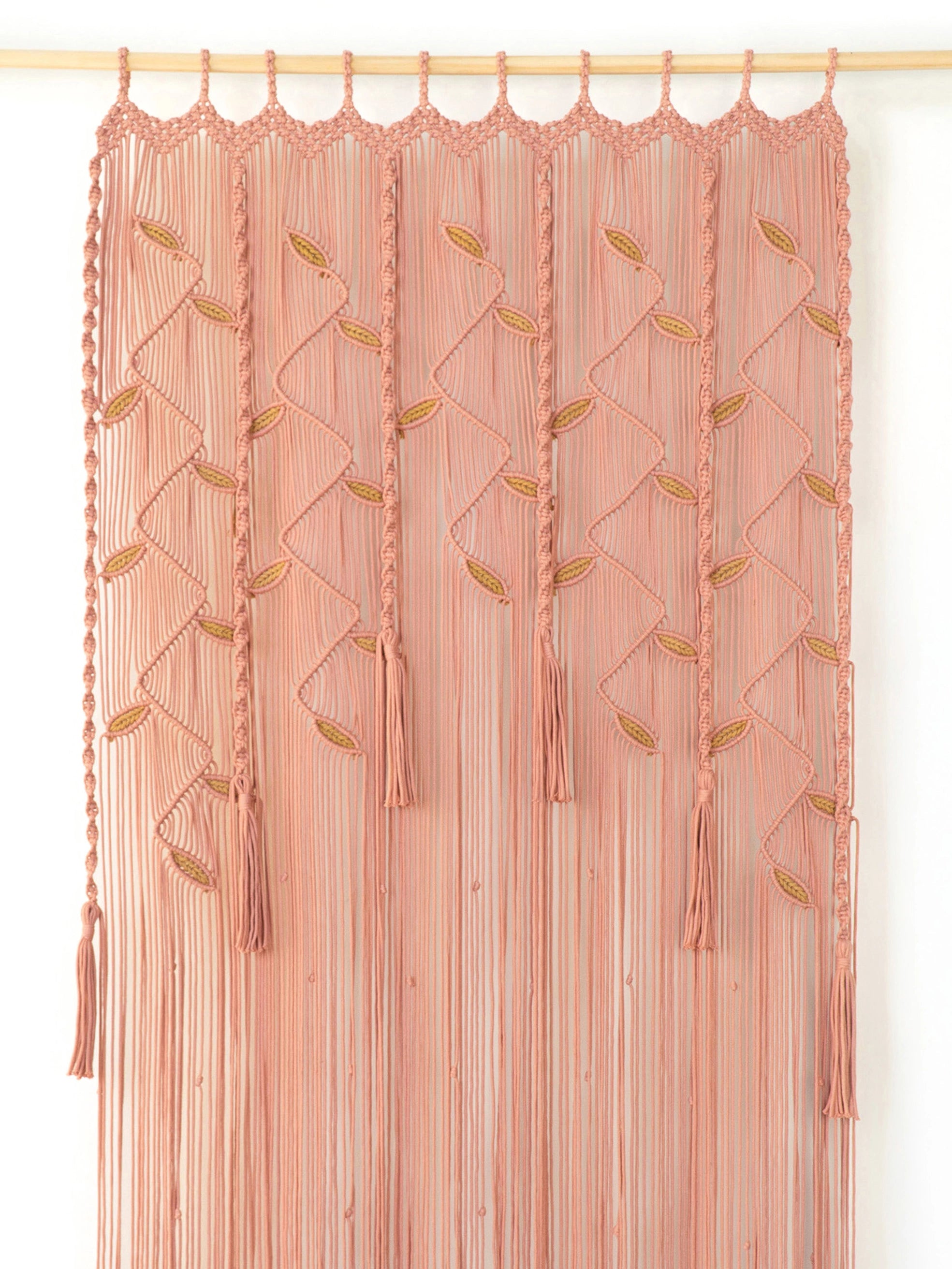 Large Pink Macrame Doorway Curtain with Latte Leaf Accents