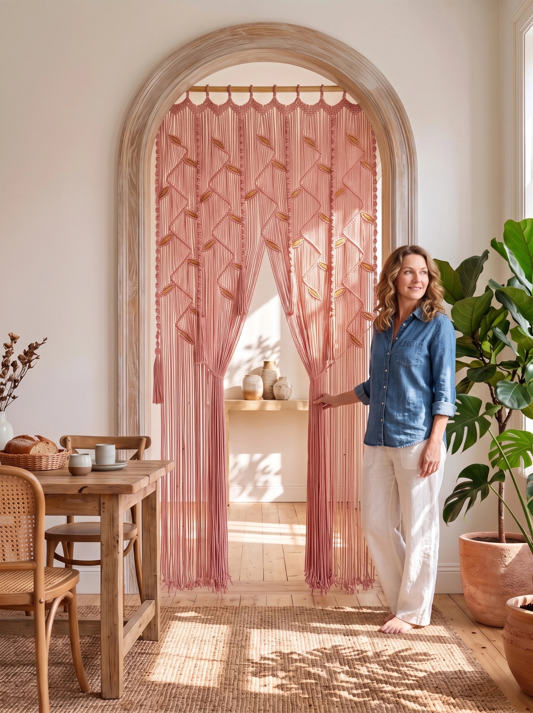 A woman stands barefoot in a bright, sunlit room beside a large arched doorway, holding open a pink bohemian-style curtain with geometric embroidered patterns and hanging fringe. The room has warm neutral walls, a wooden dining table and chairs, a potted plant, and natural light streaming through.