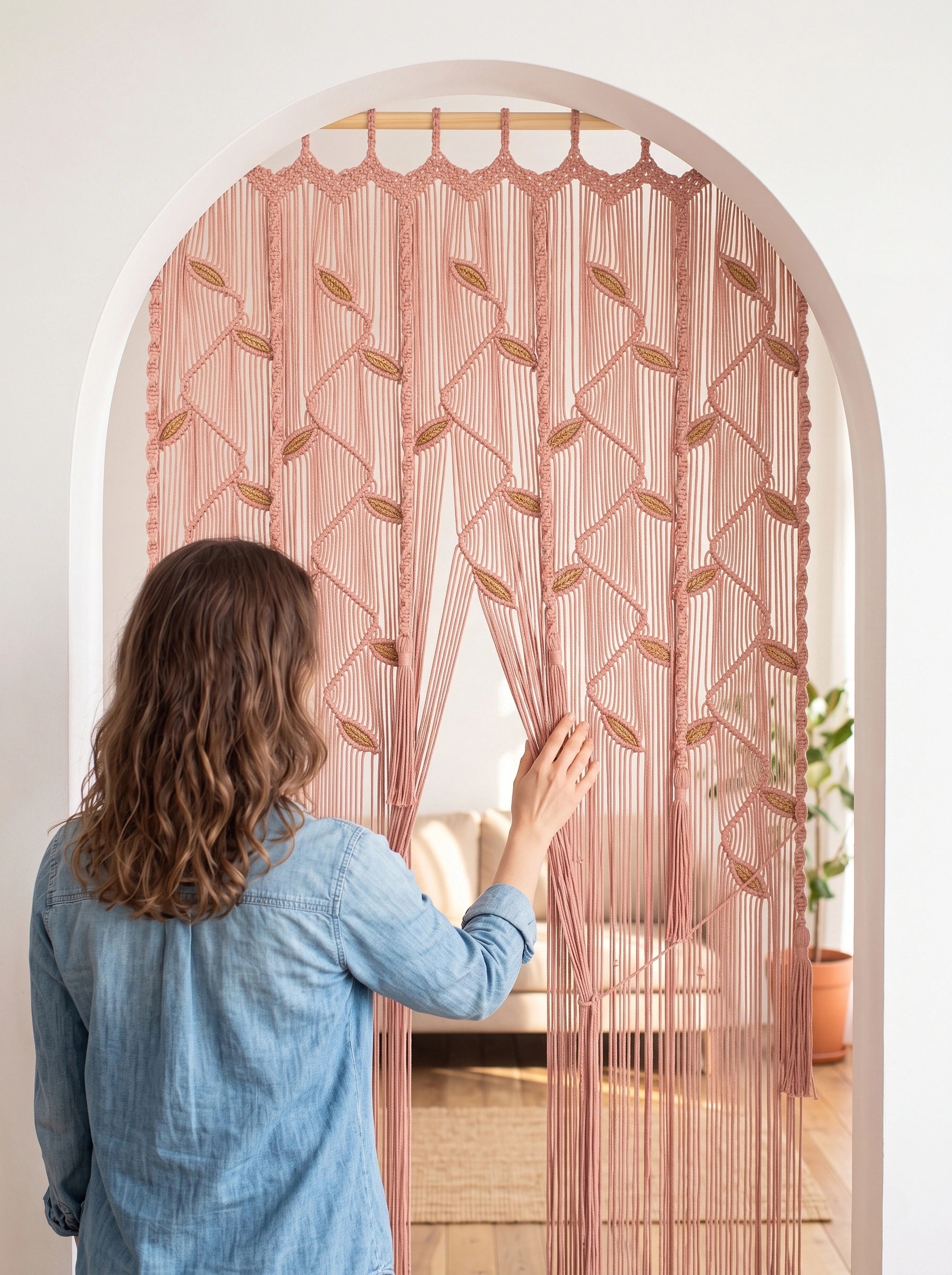 A woman in a denim shirt stands in front of a pink and beige woven doorway curtain, holding it open to reveal a living room behind it.
