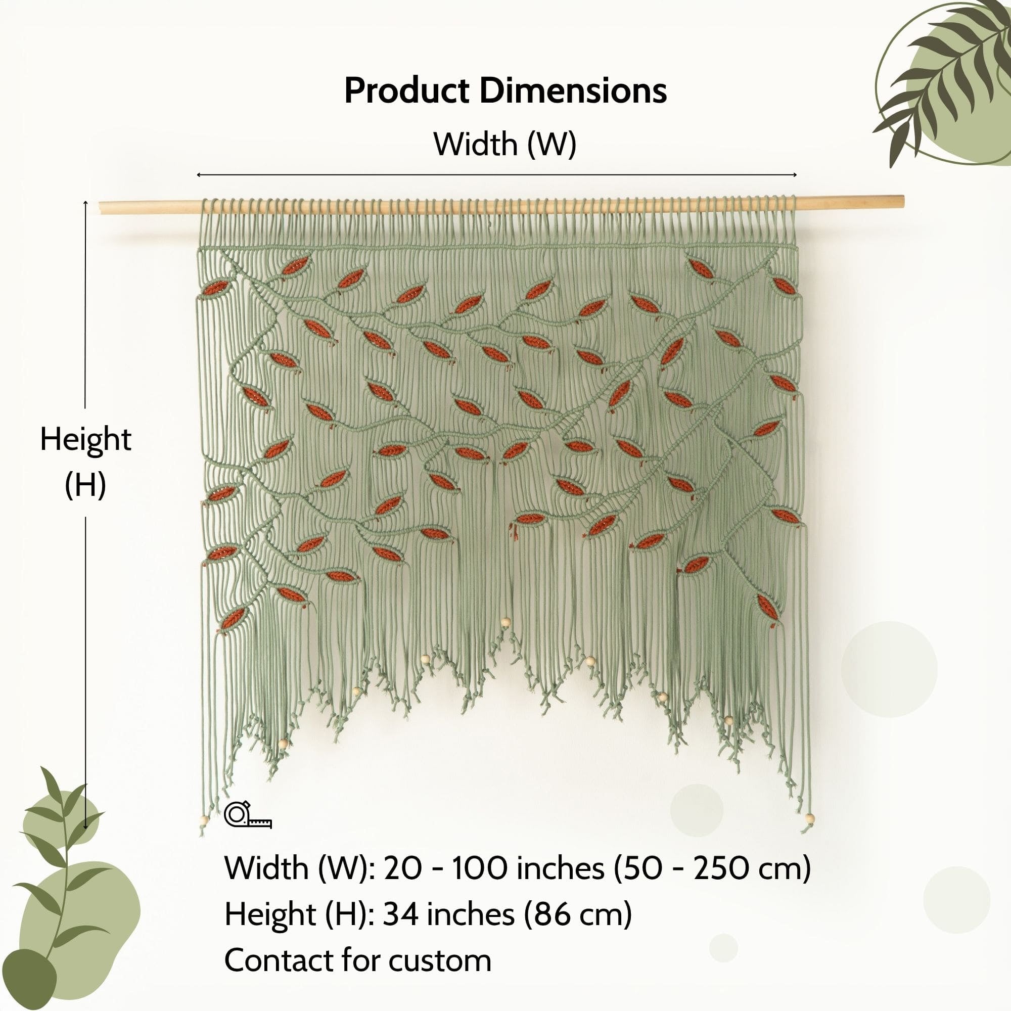 Wide horizontal fiber art in sage green cord featuring high-contrast terracotta leaf highlights.