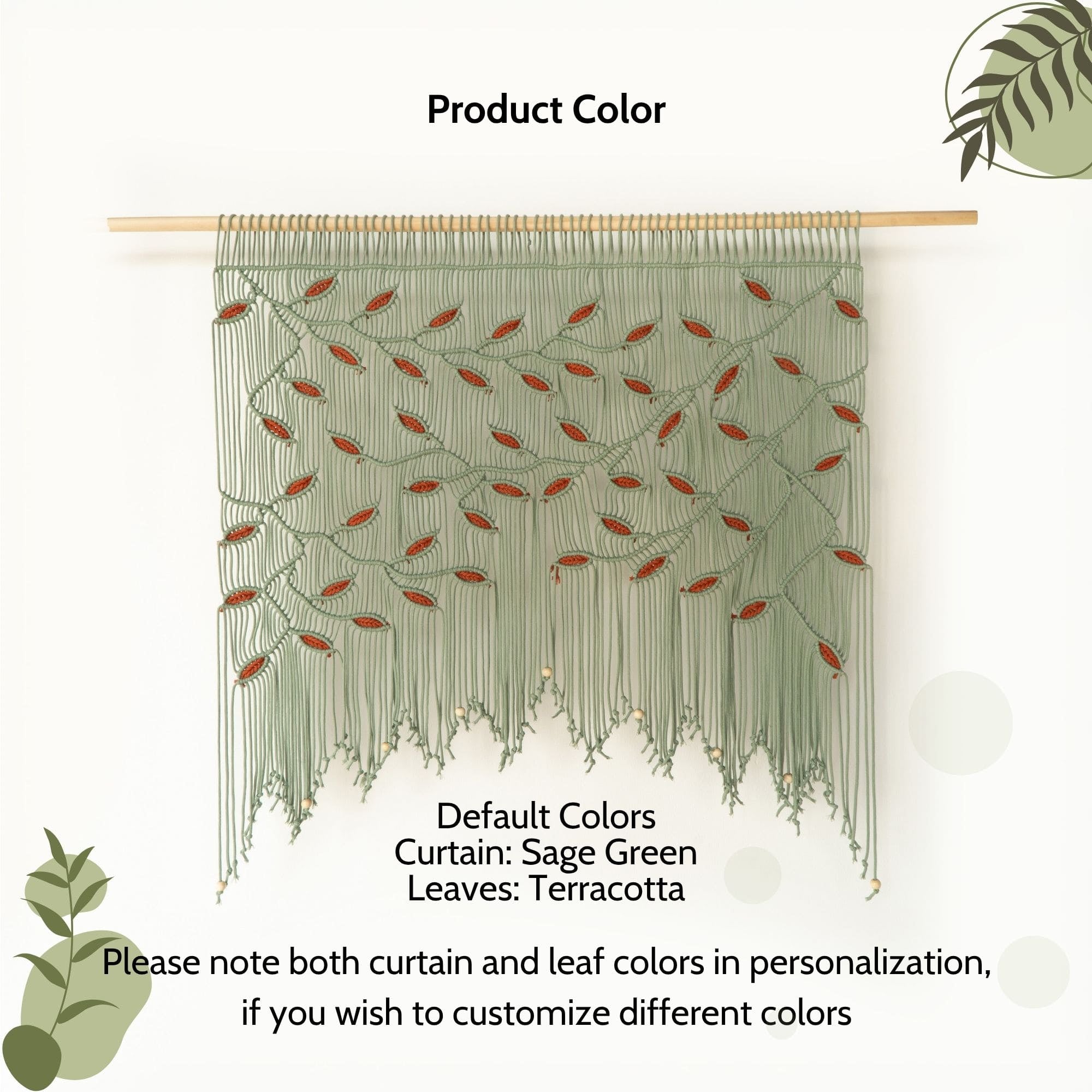 Earthy sage green macrame window valance with botanical vine details and natural wood beads.