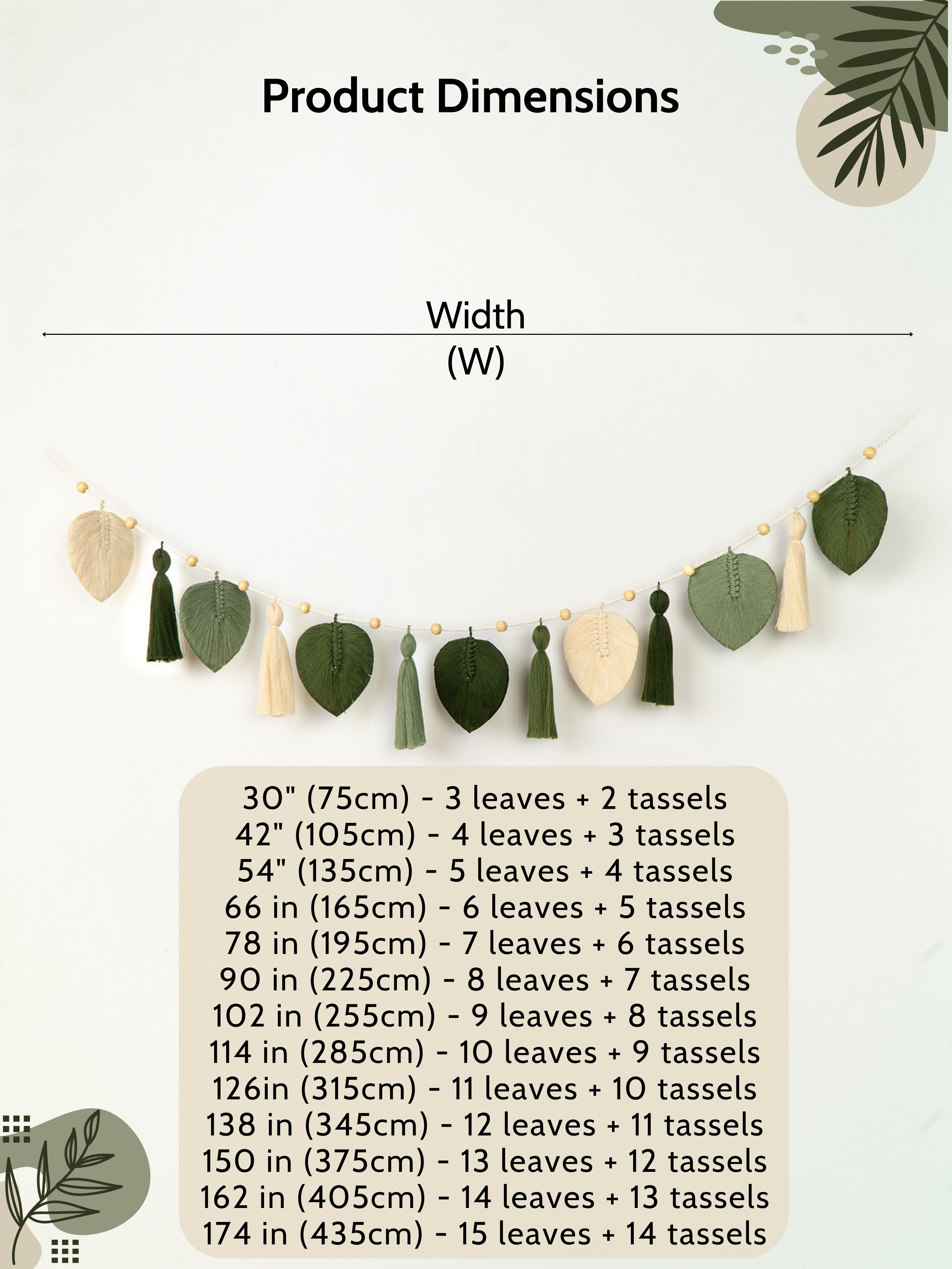 Product dimensions chart for a decorative garland with leaves and tassels on a white background.