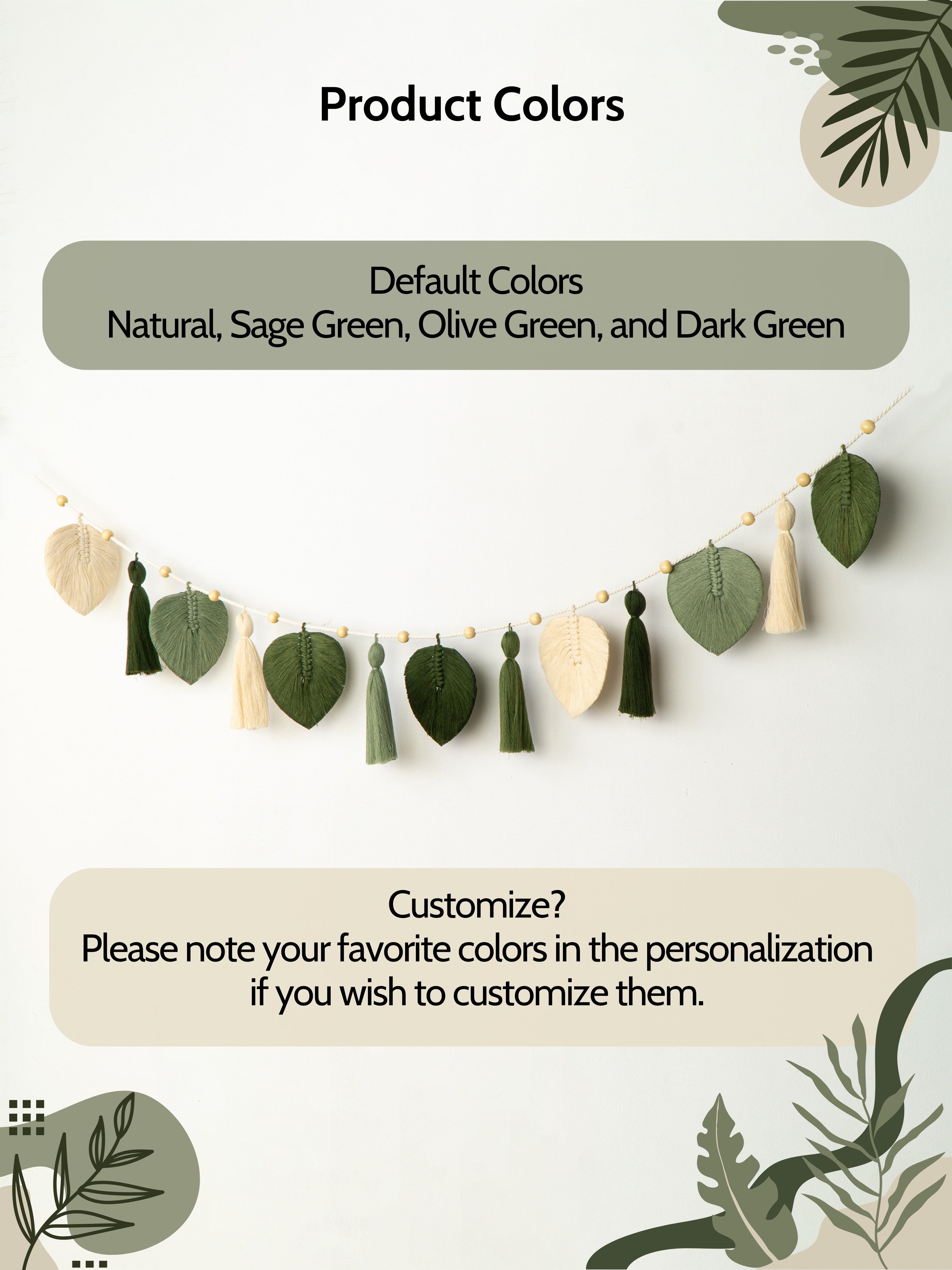 Decorative garland with leaves and tassels on a light background, featuring text about product colors.
