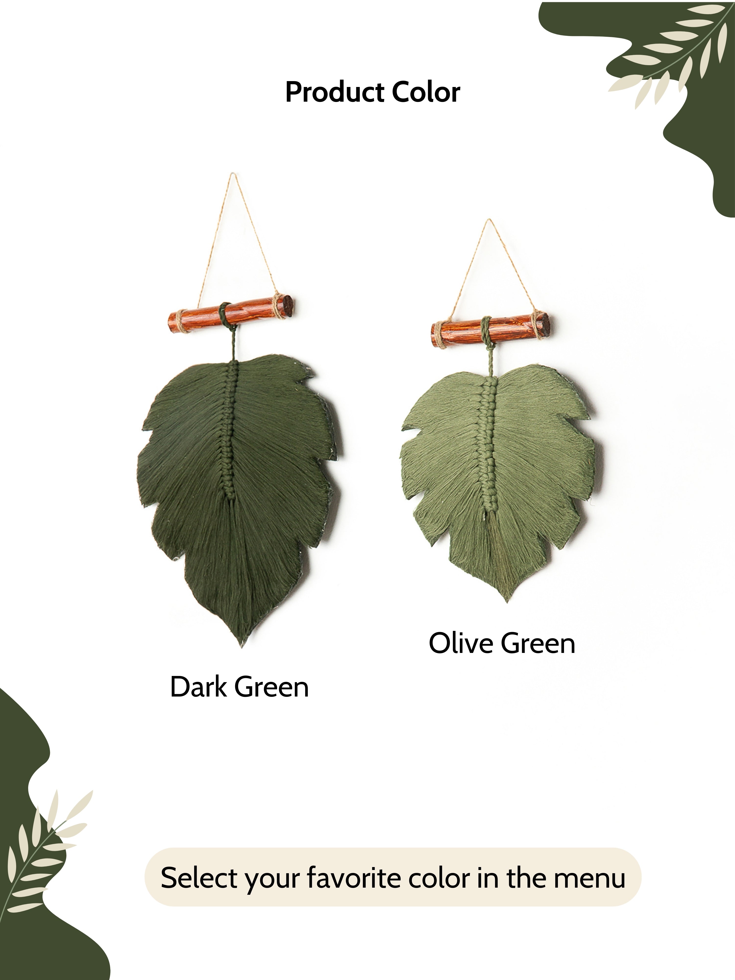 Two leaf-shaped decorations, one dark green and one olive green, on a white background.