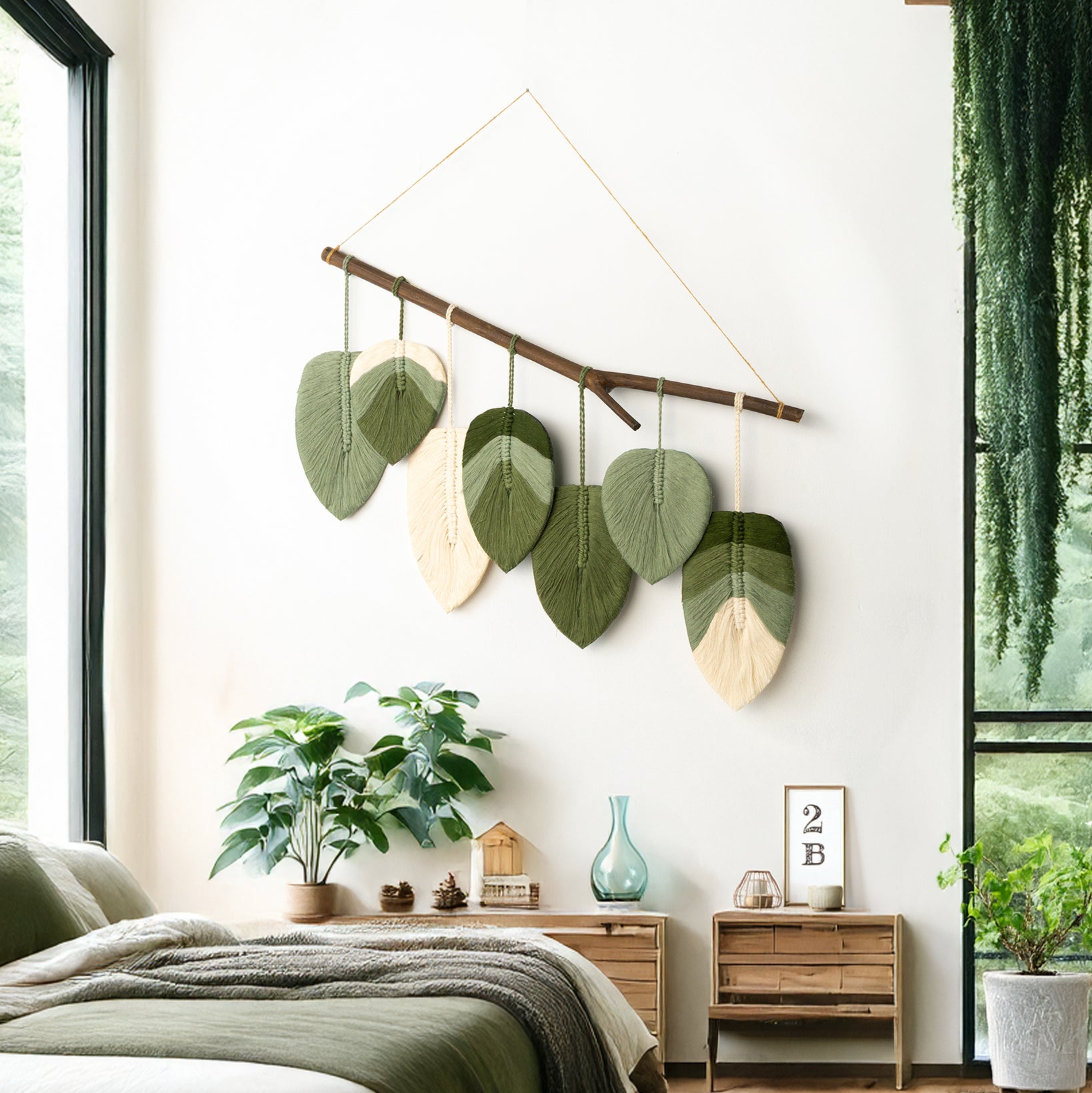Decorative wall hanging with leaf-shaped leaves in a bedroom setting