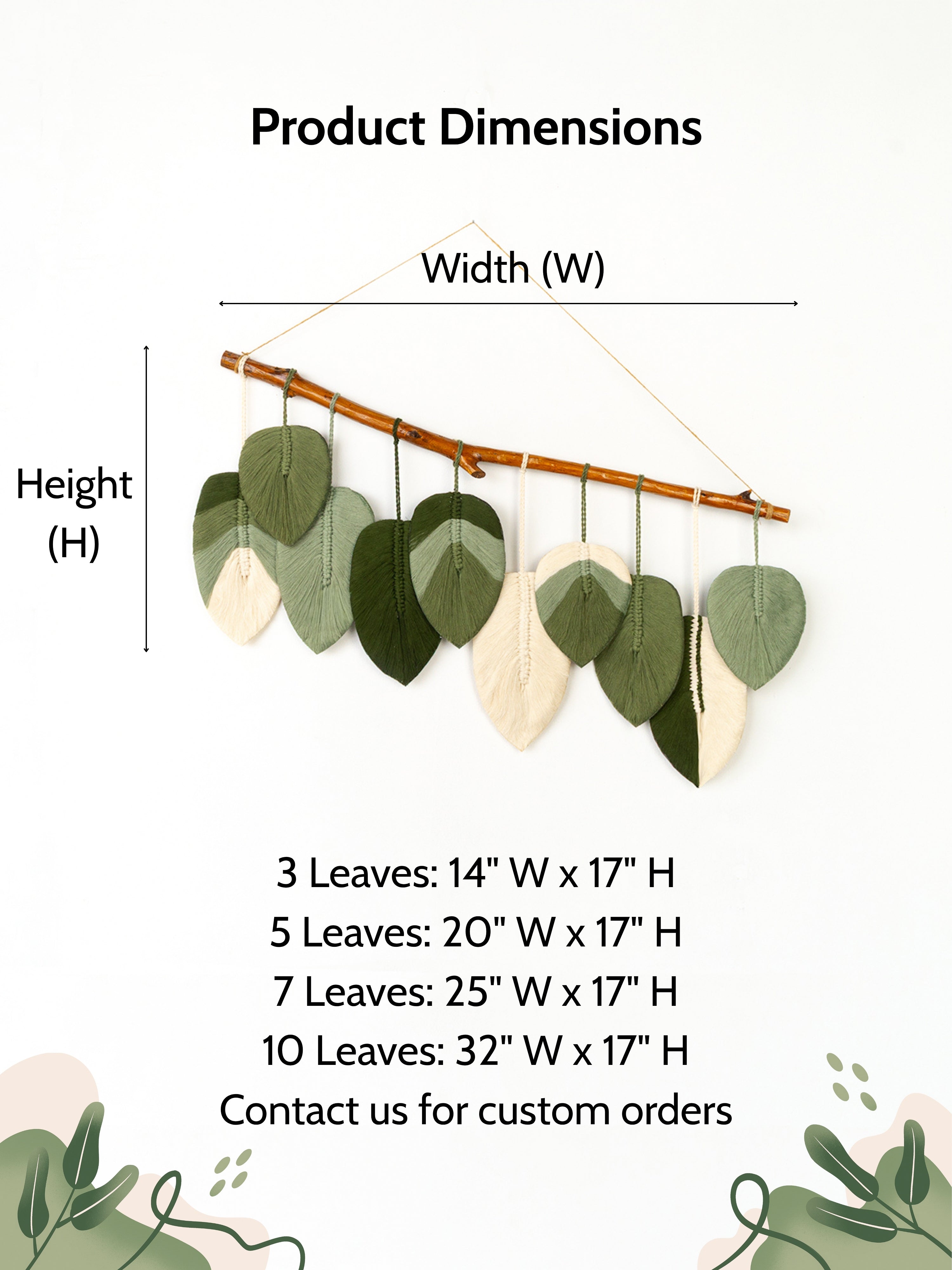 Product dimensions chart with leaf decorations and measurement details on a white background