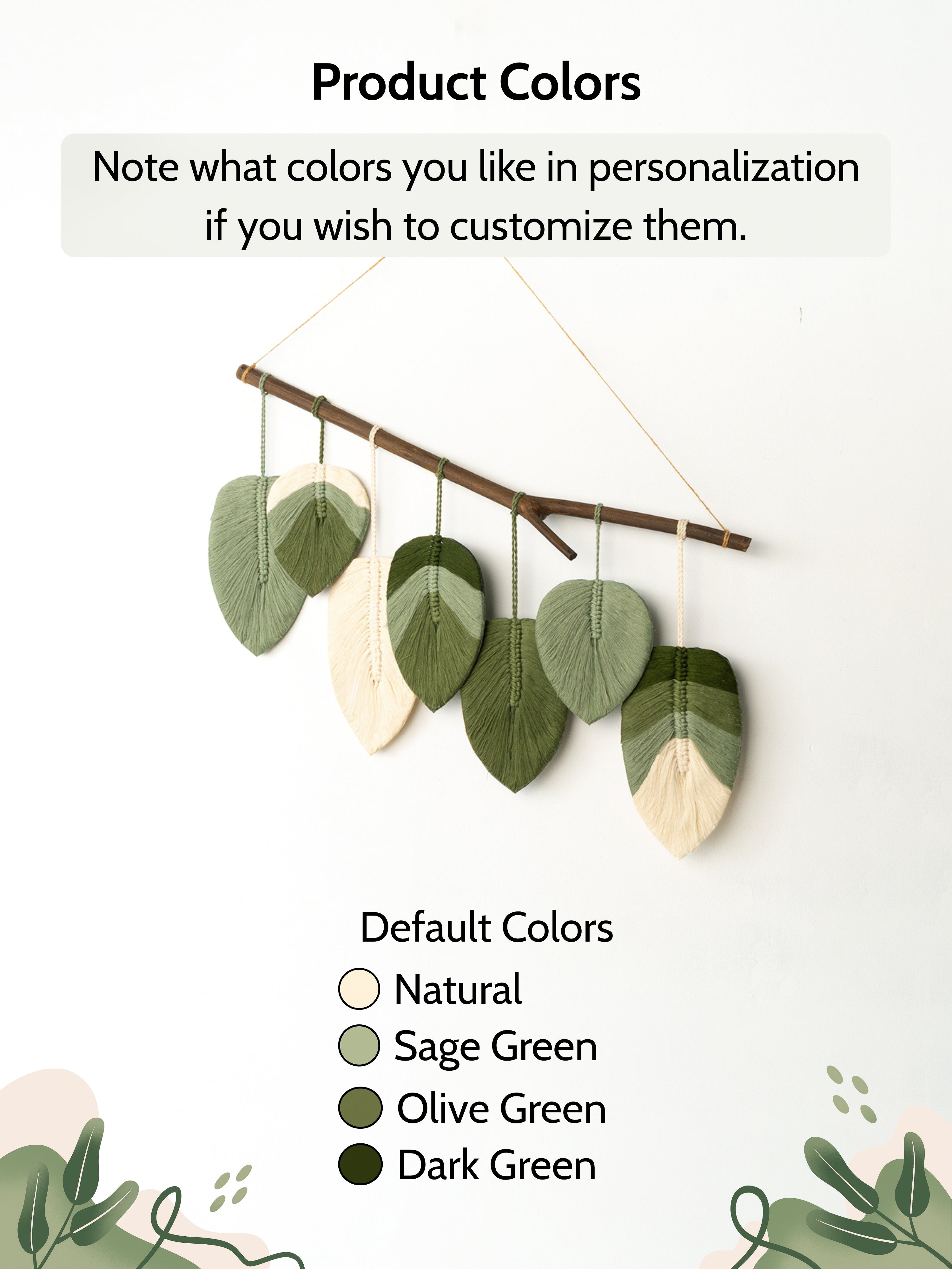 Decorative wall hanging with leaf-shaped ornaments on a branch against a white background.