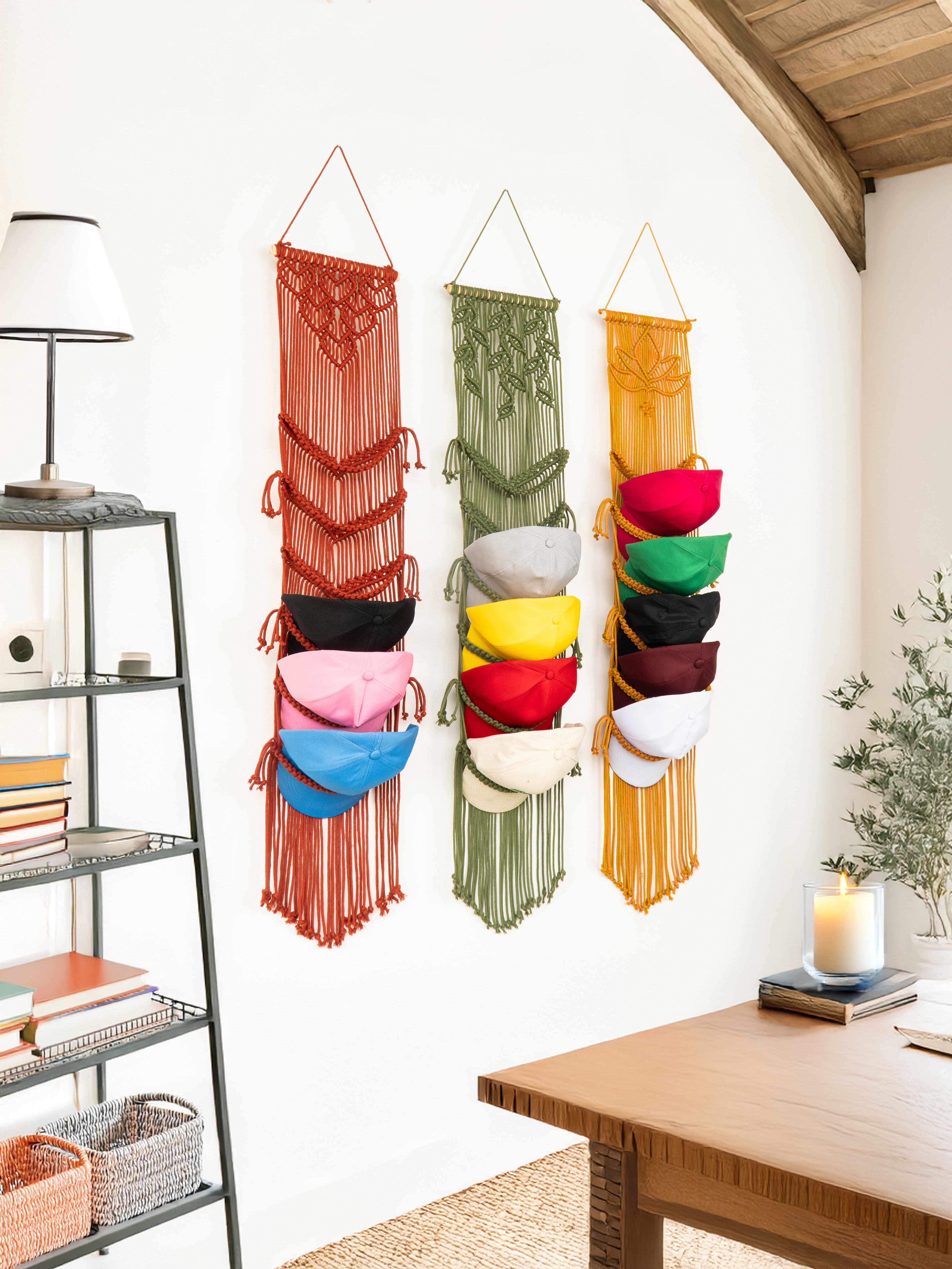 Colorful wall hanging with bags in a home office setting