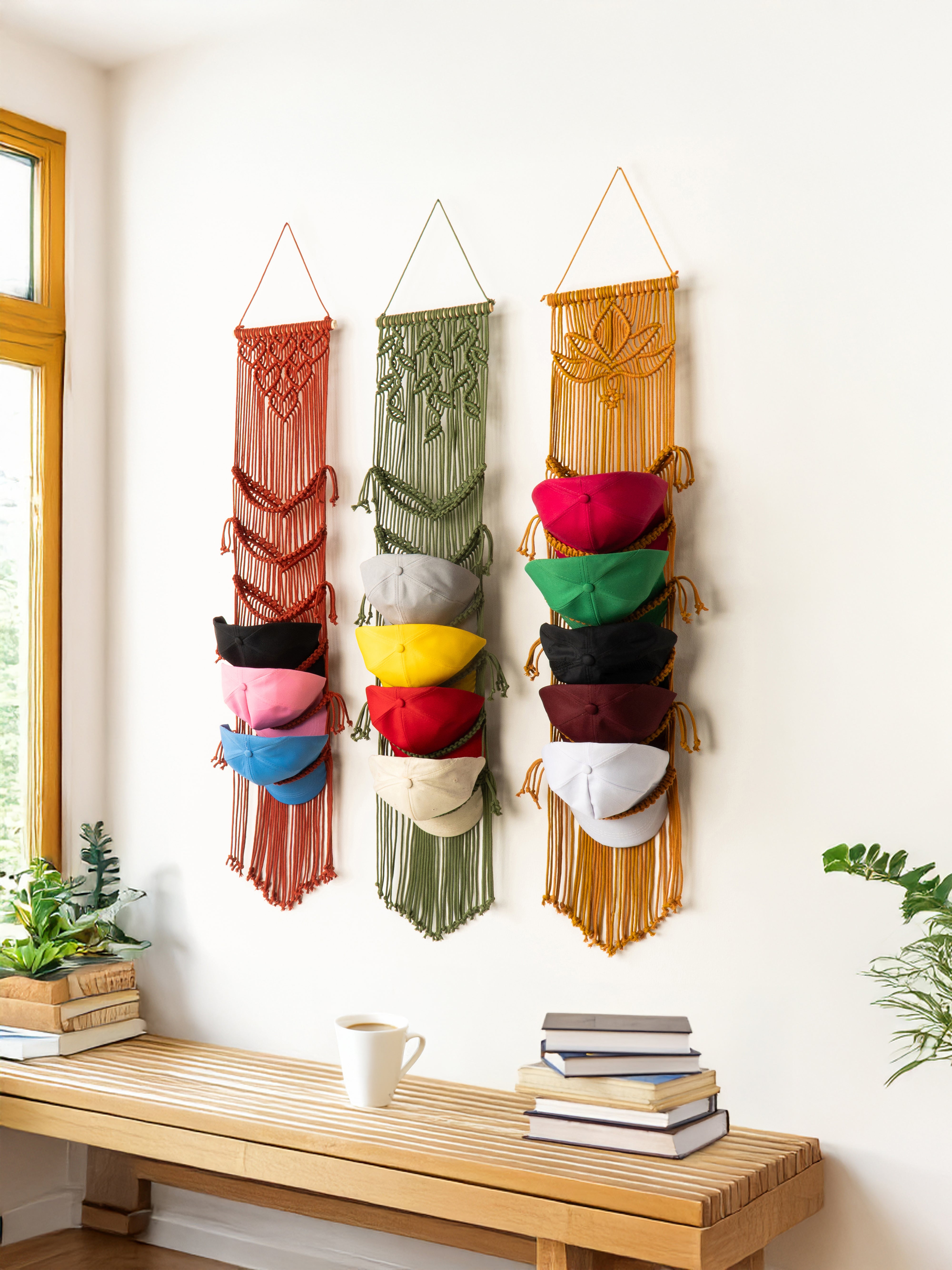 Three colorful macrame wall hangings on a white wall with a wooden bench and books below.