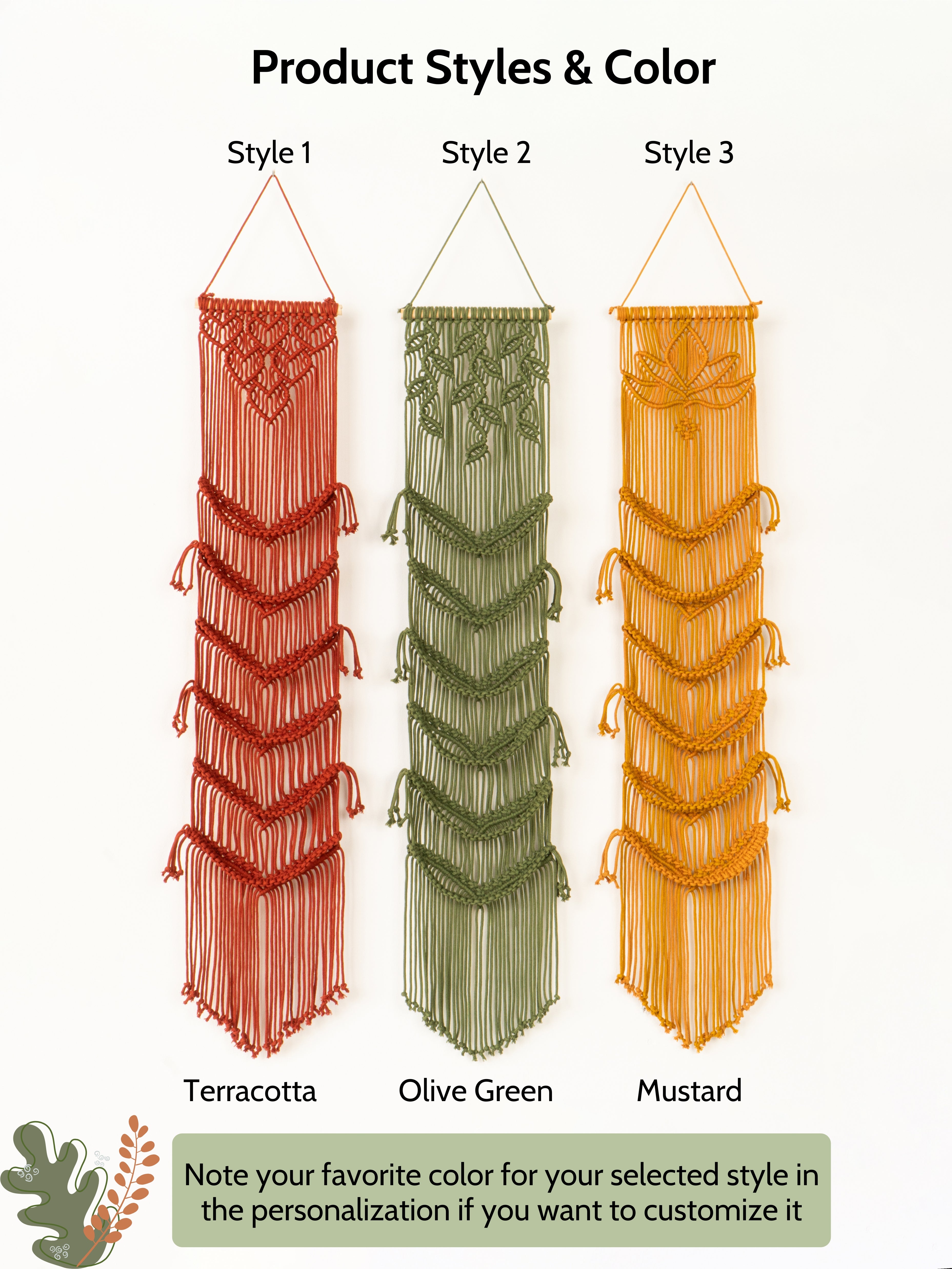 Three macrame wall hangings in terracotta, olive green, and mustard colors with a customization note.