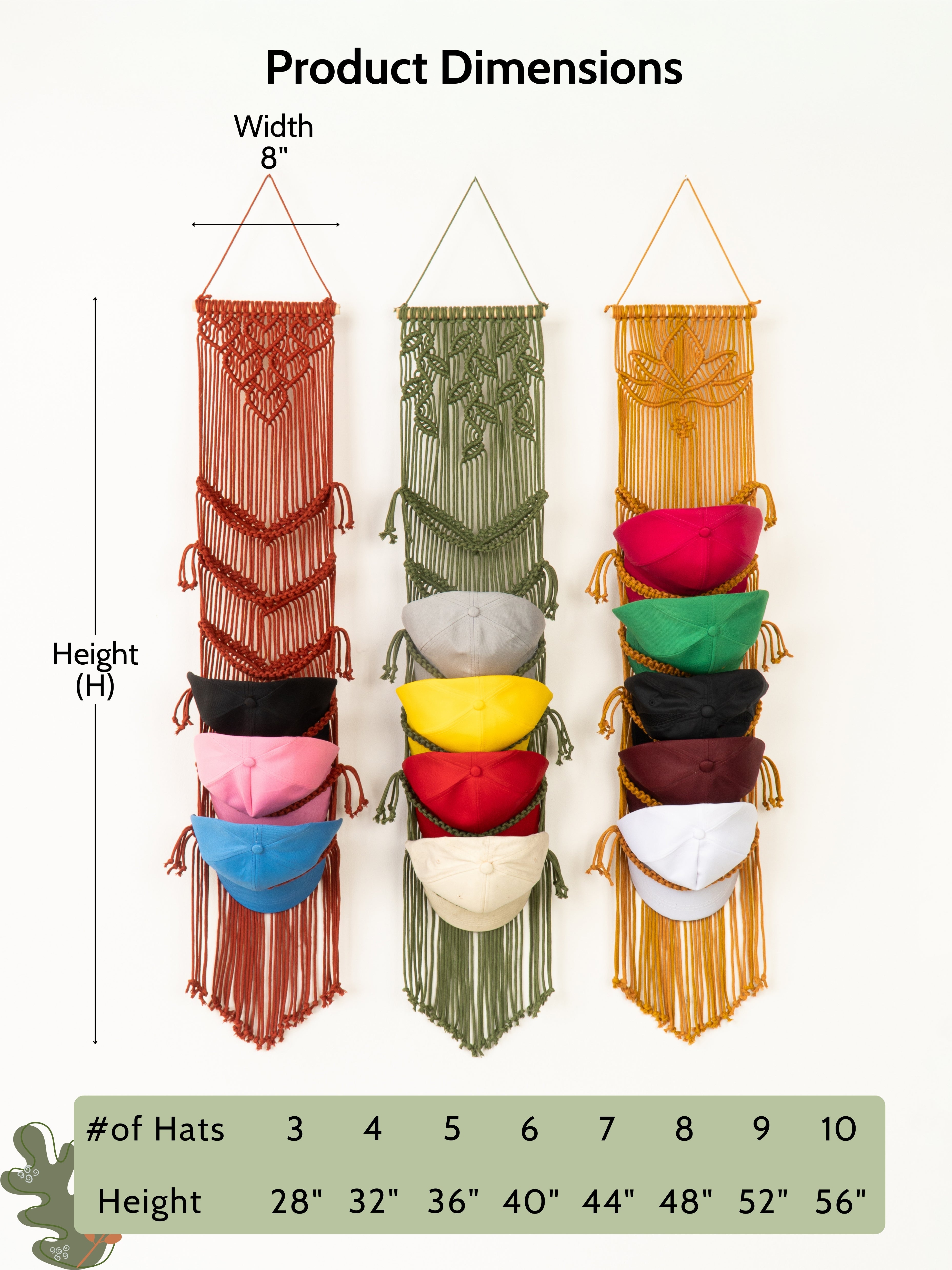 Three macrame wall hangings with colorful hats and product dimensions displayed.