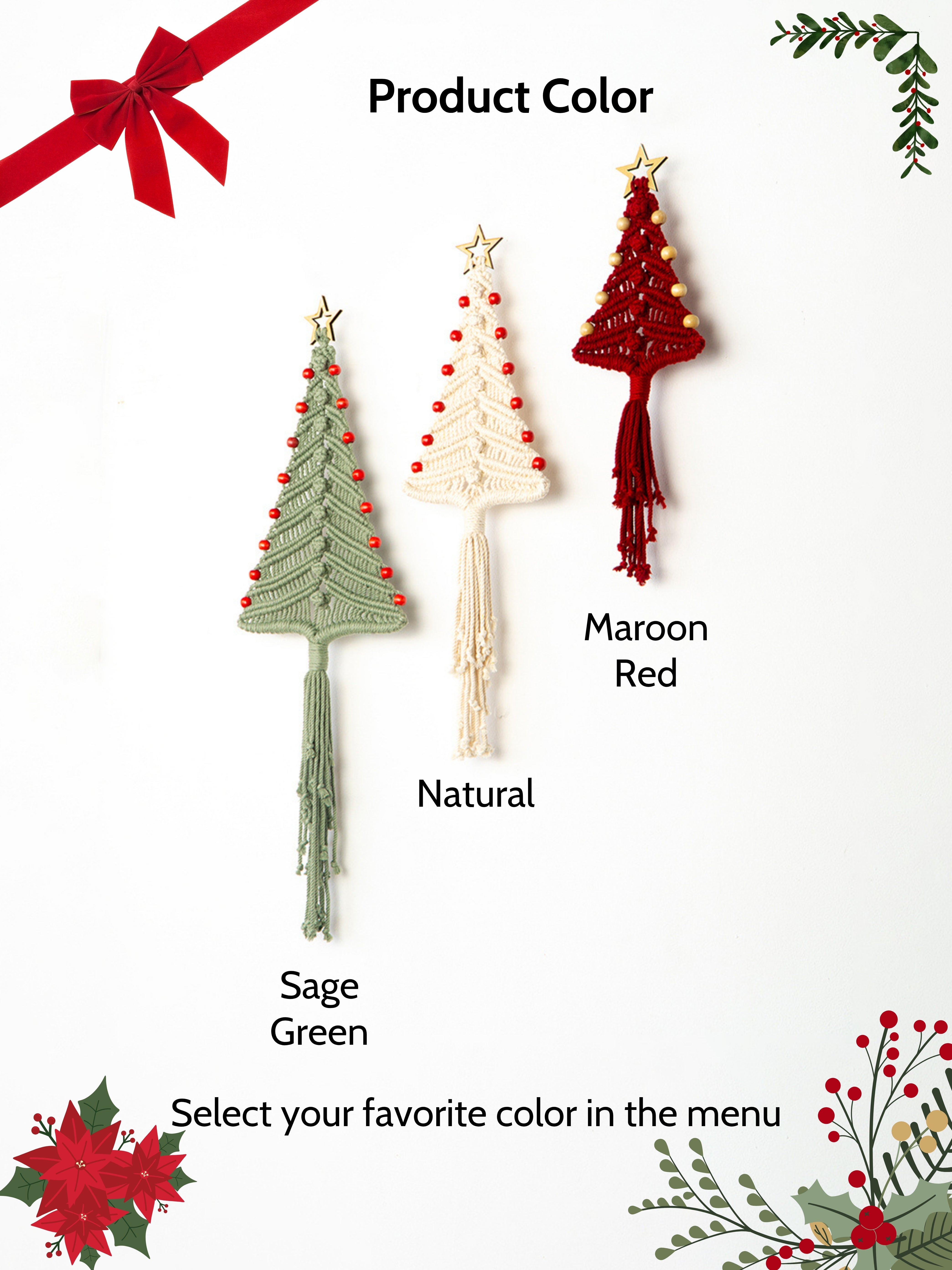 Three Christmas tree-shaped decorations in different colors on a white background.