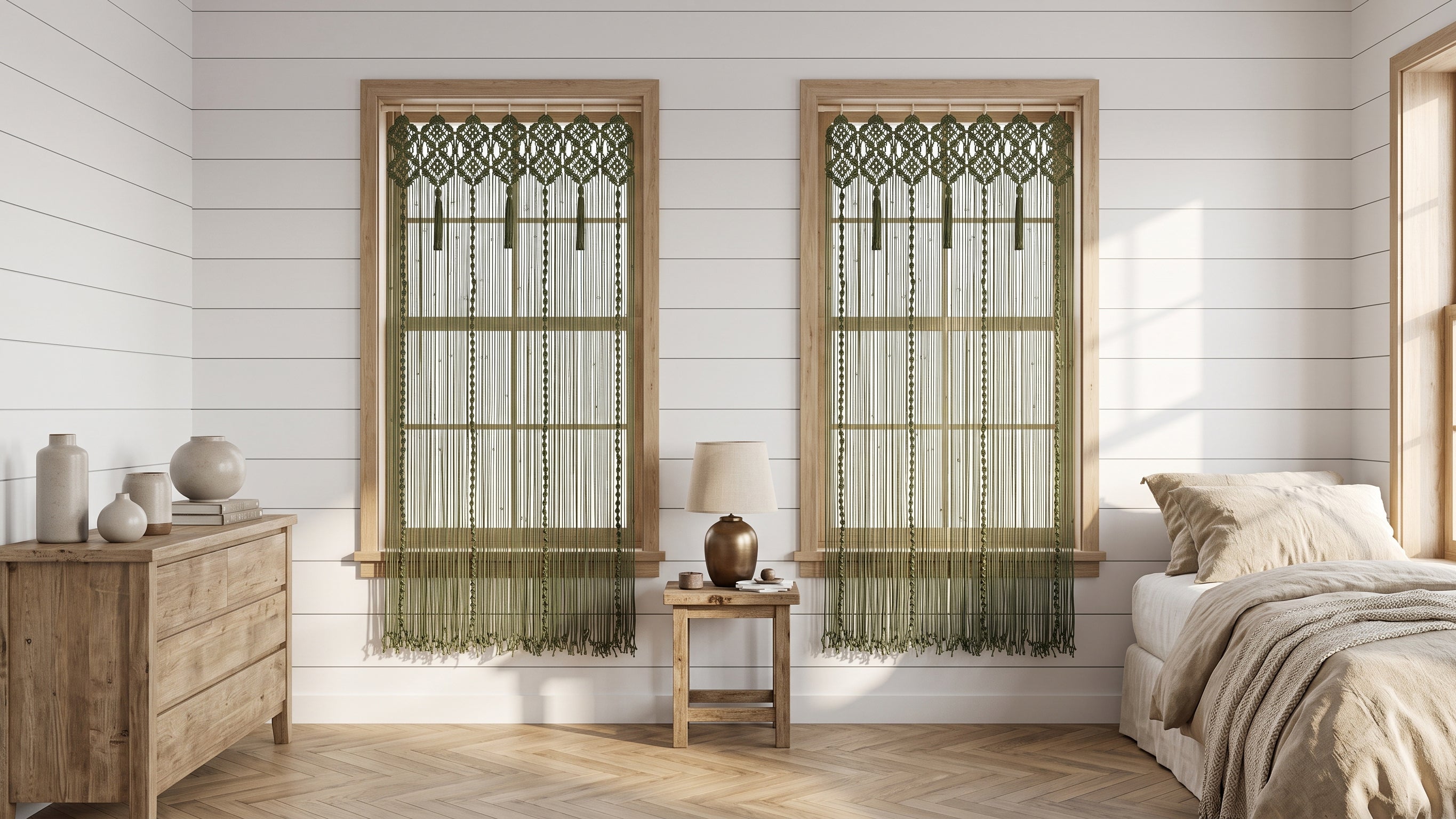 Translation missing: en.Two long window Macrame curtains for farmhouse bedroom decoration 