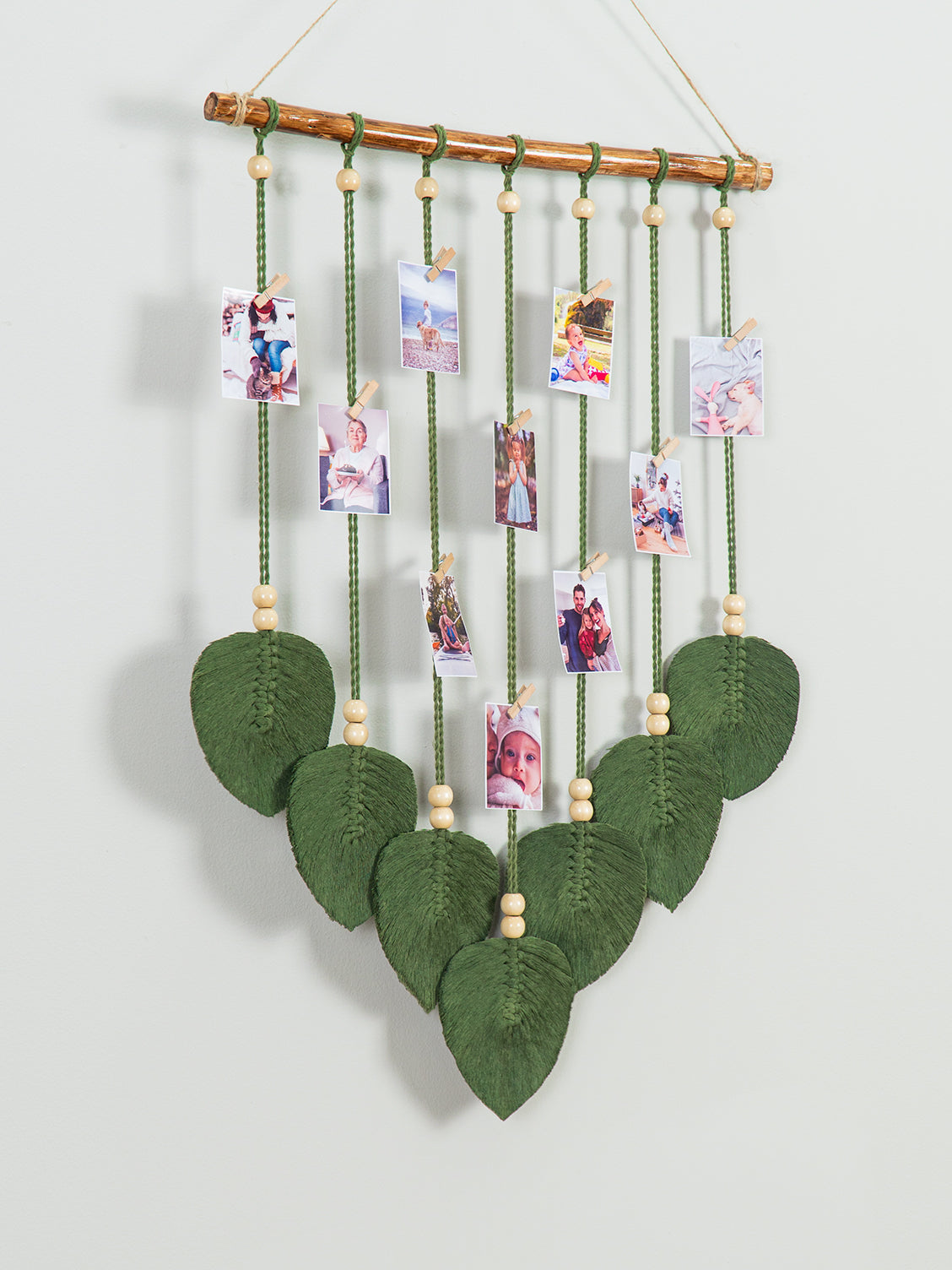 Boho-style Macrame Leaf Wall Hanging Photo Display, perfect for creating a serene, natural vibe and holding cherished memories.