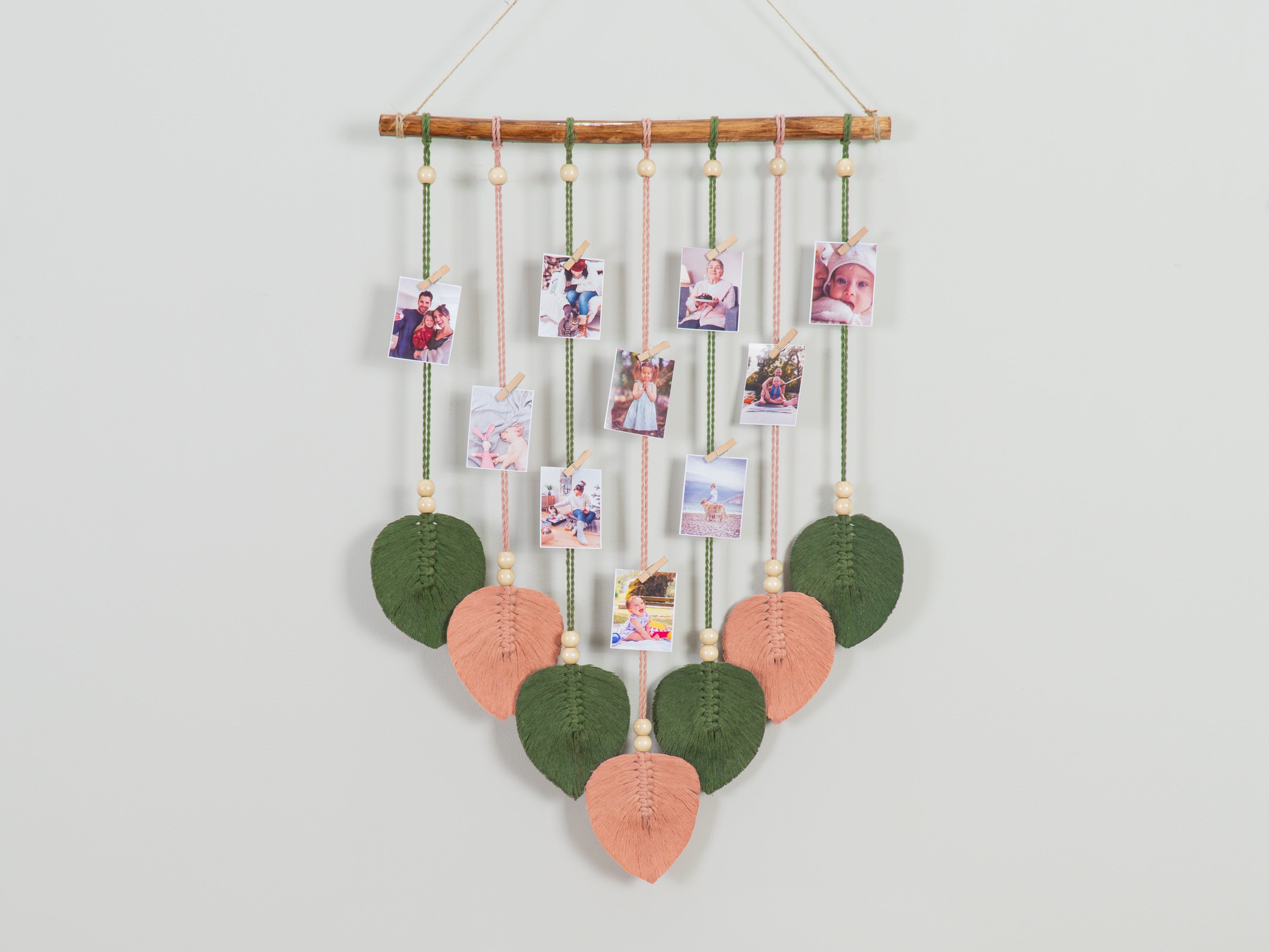 Macrame Leaf Wall Hanging Photo Display is ideal for boho or contemporary spaces, a place to preserve precious memories.

