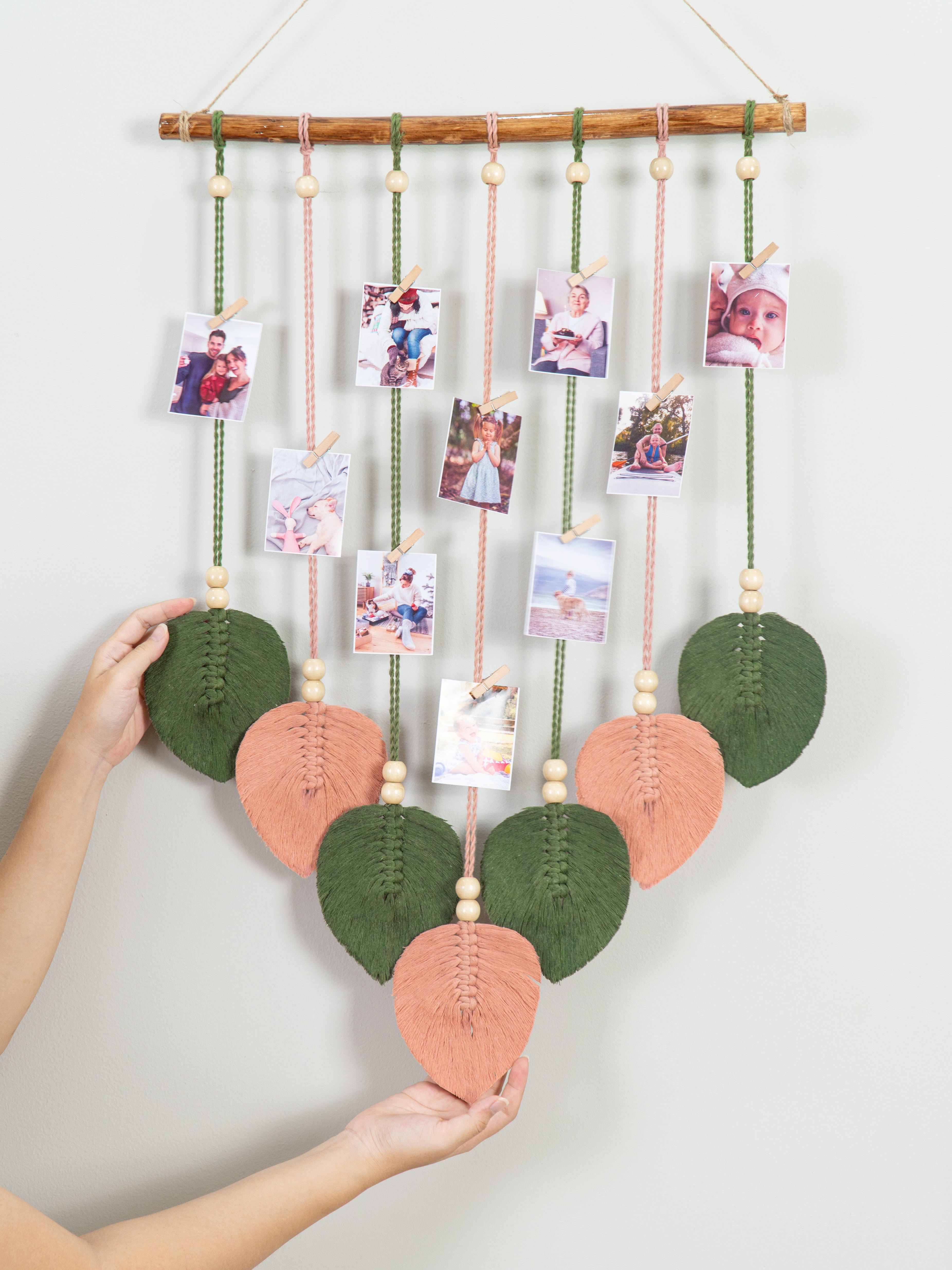 Handmade macrame leaf photo display, ideal for holding memories in cozy or modern decor.
