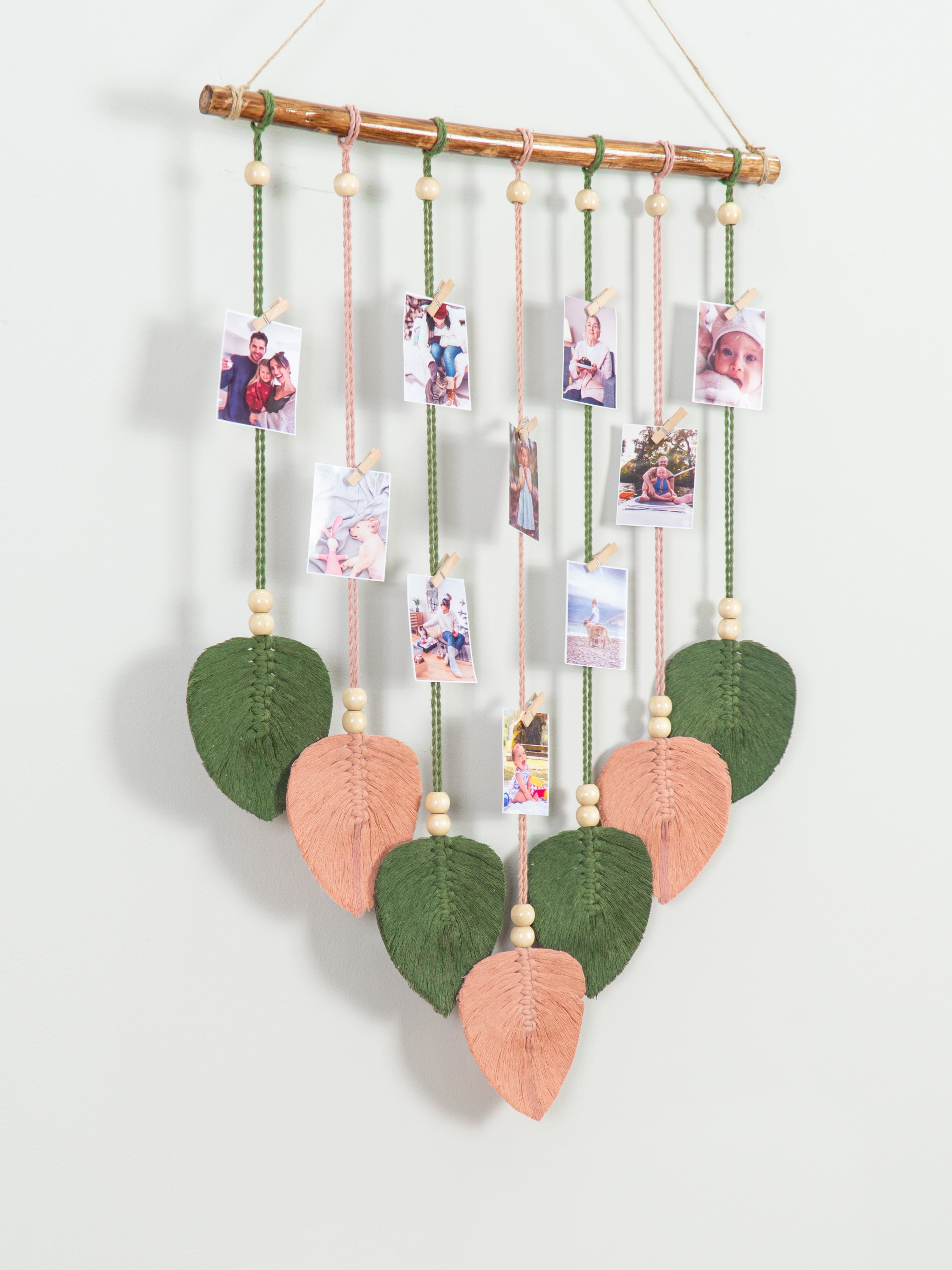 Boho-inspired macrame leaf photo display, perfect for adding texture and warmth while keeping memories close.