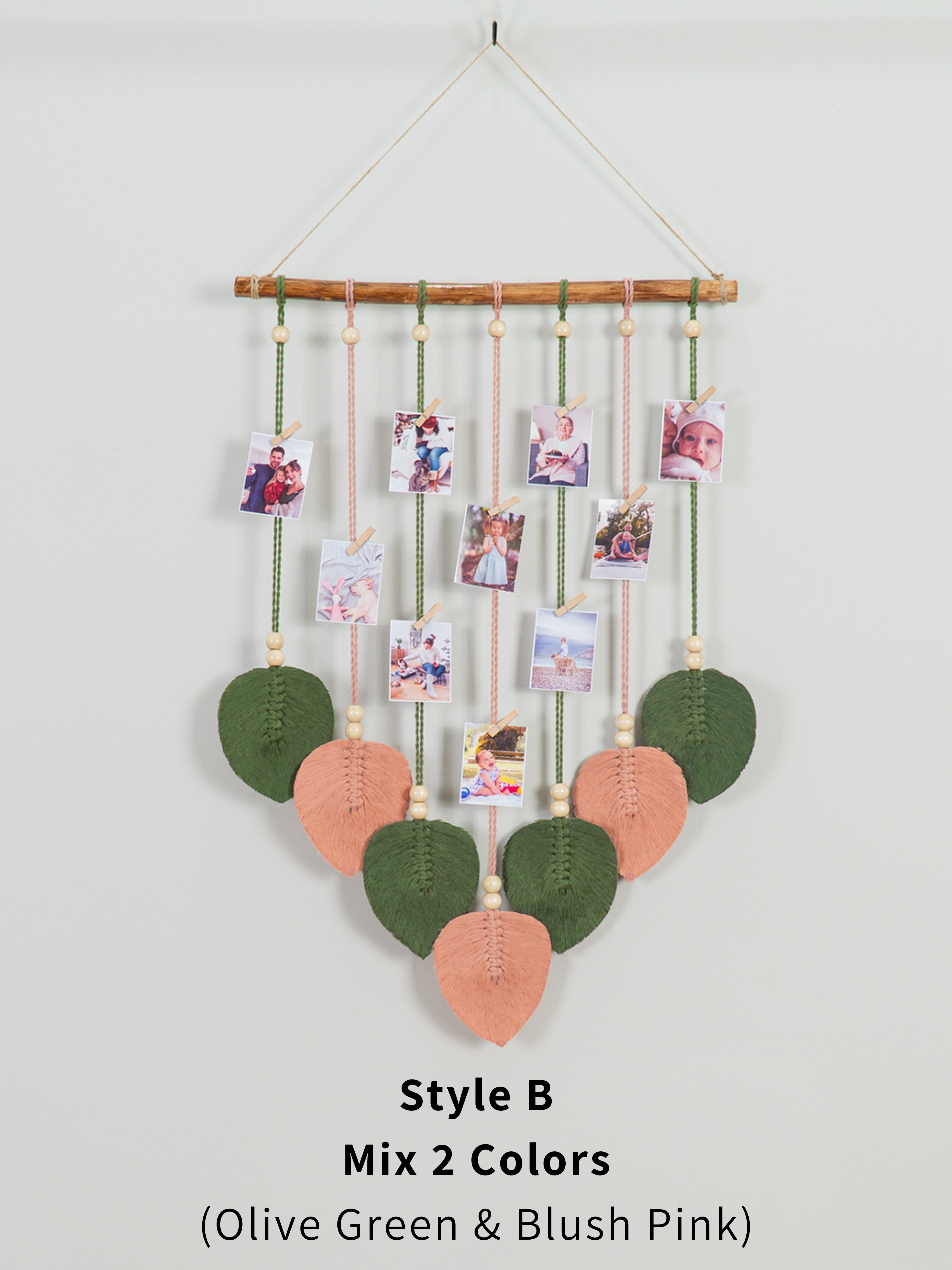 Handwoven macrame leaf photo display, great for both doors and walls, providing a space for beautiful memories.