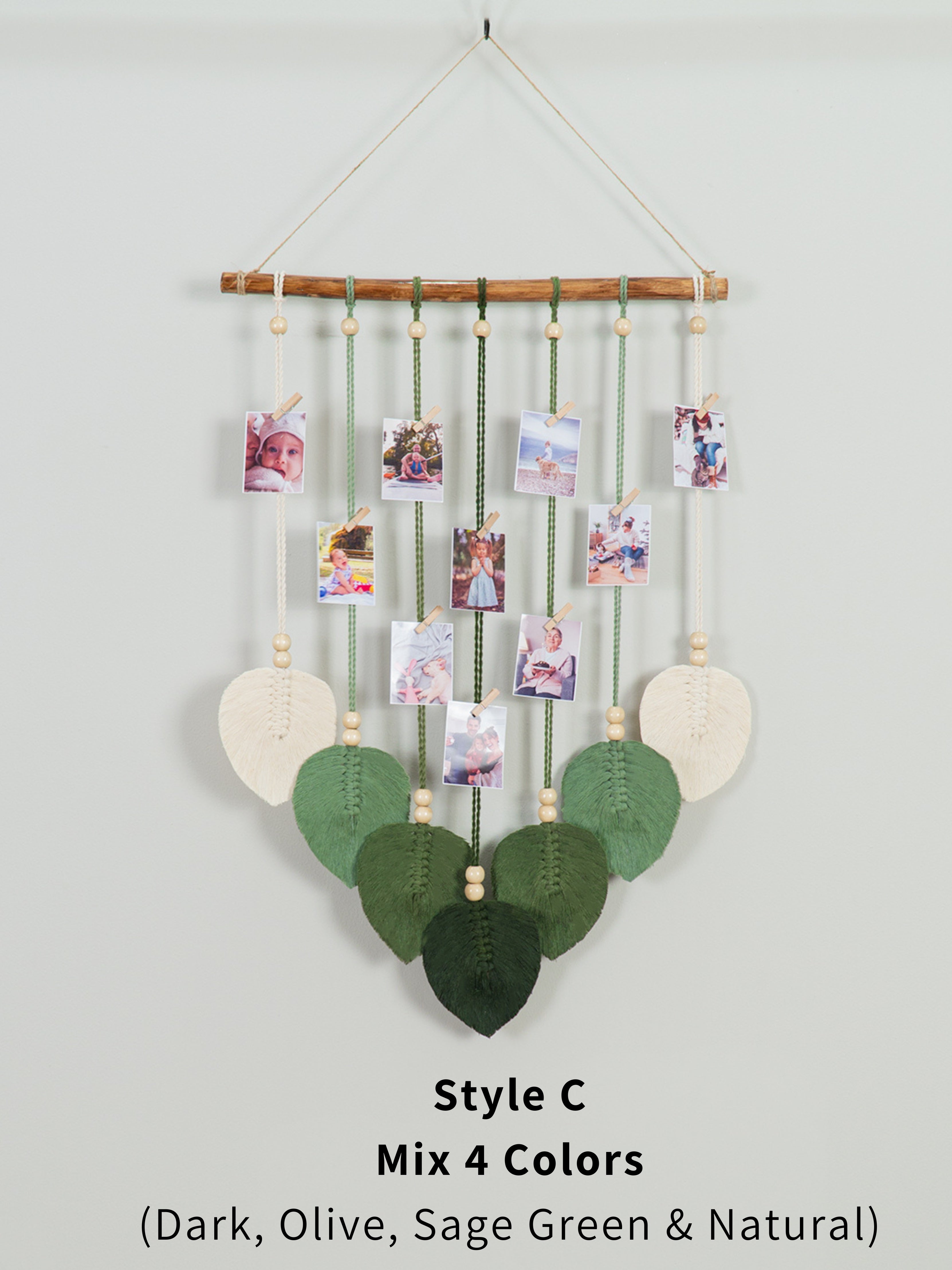 Macrame leaf photo display, great for natural or boho-inspired homes, offering a space to store special photos.
