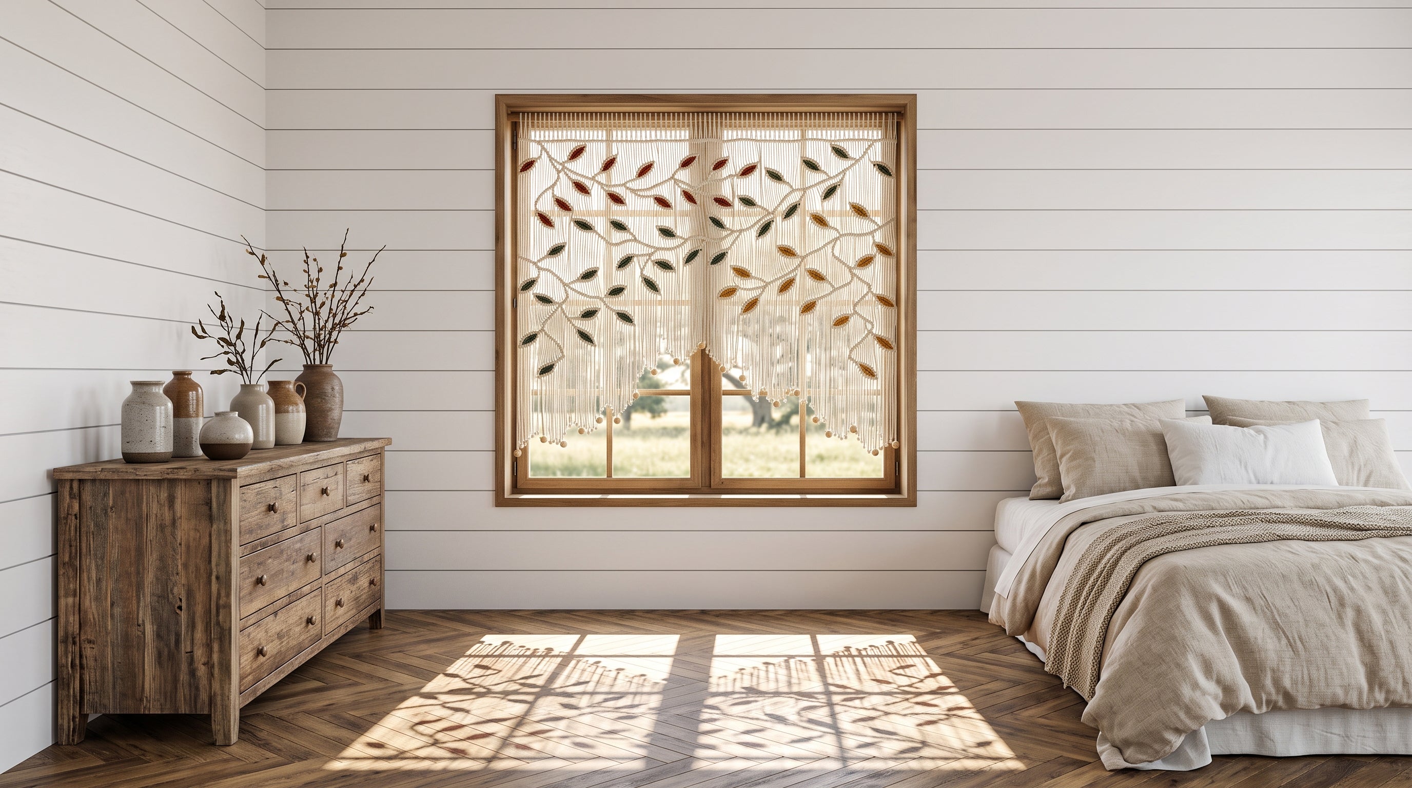 Translation missing: en.Two long window Macrame curtains for farmhouse bedroom decoration 