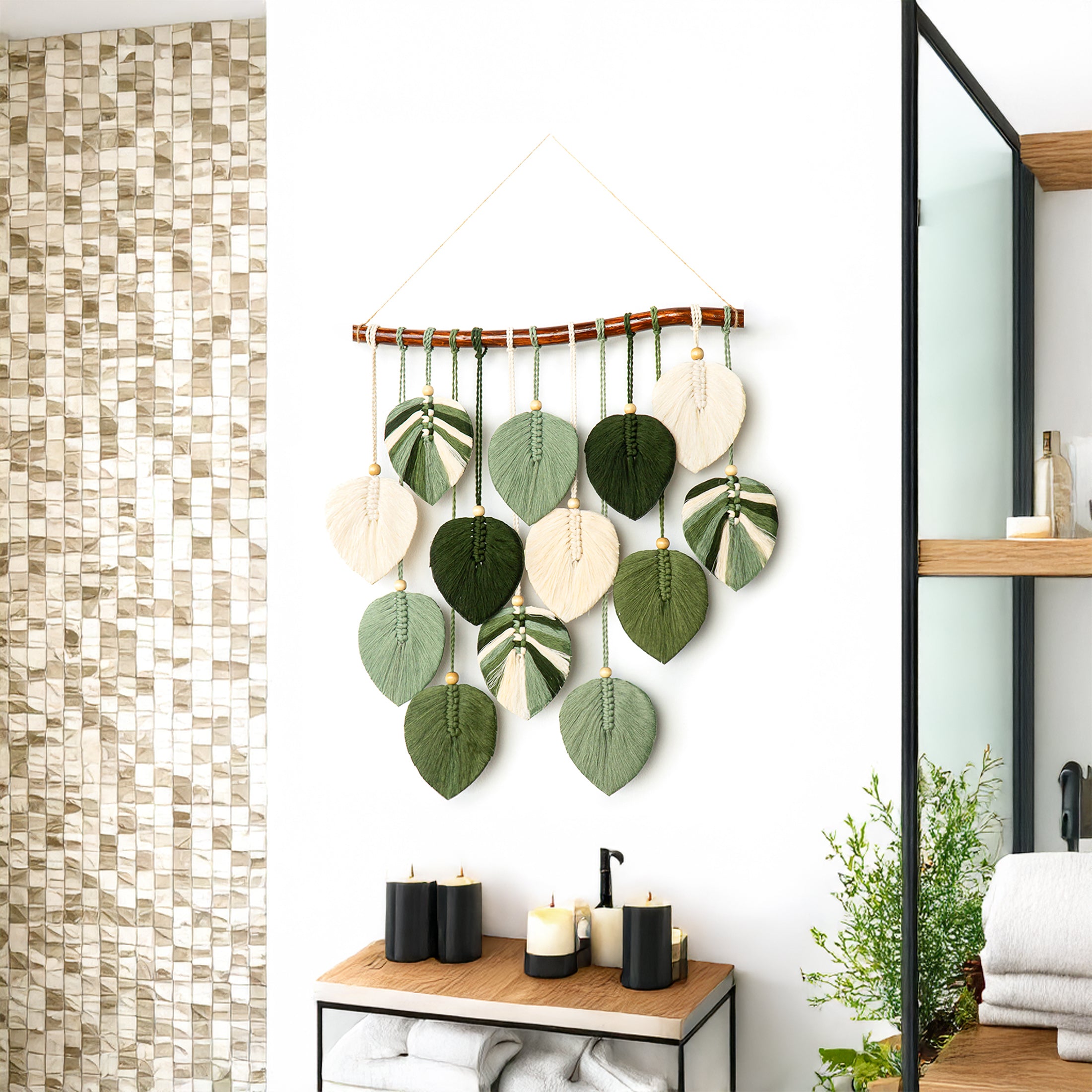 Decorative wall hanging with leaf-shaped ornaments in a room setting.