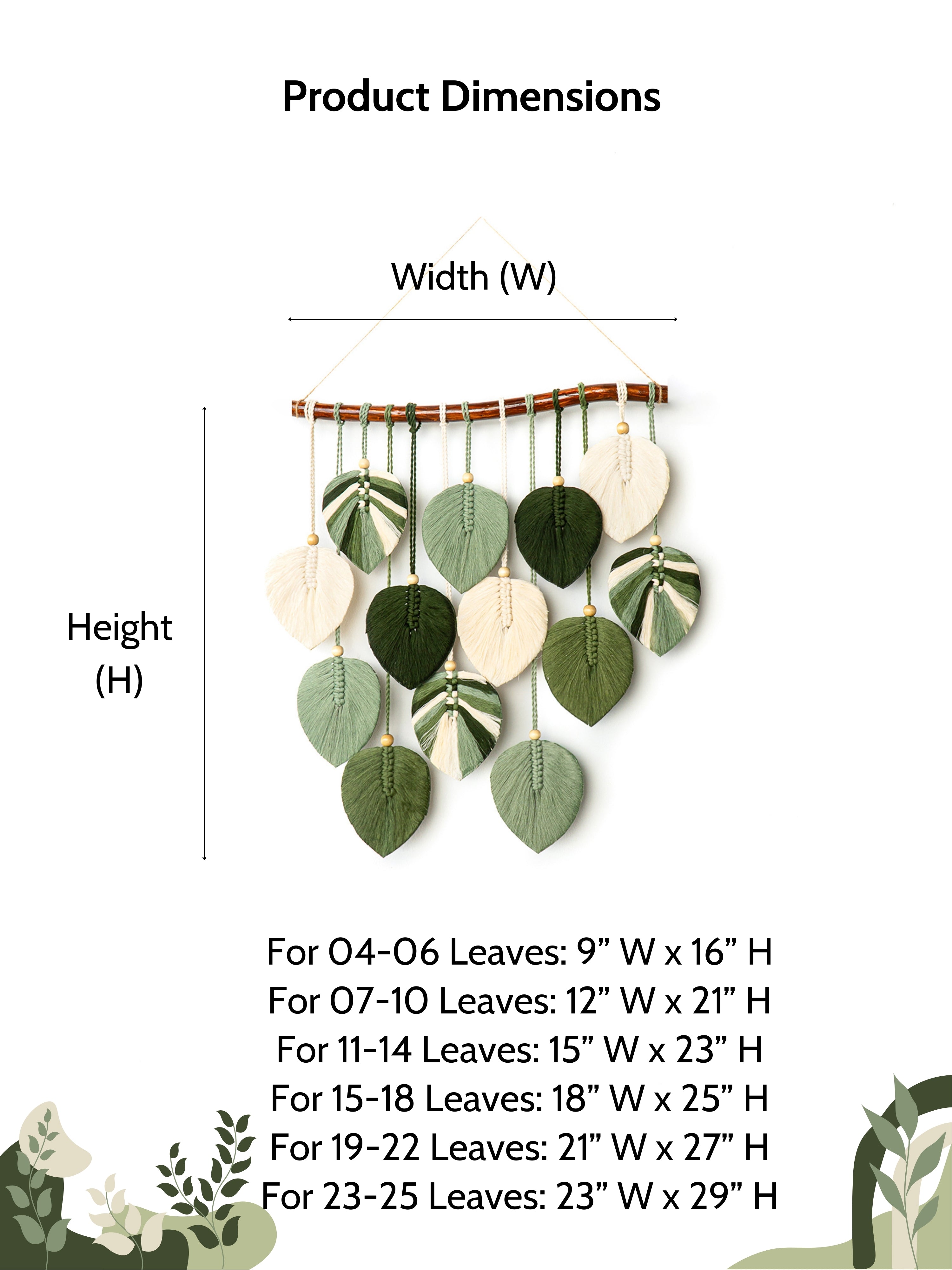Product dimensions chart for a decorative wall hanging with leaves