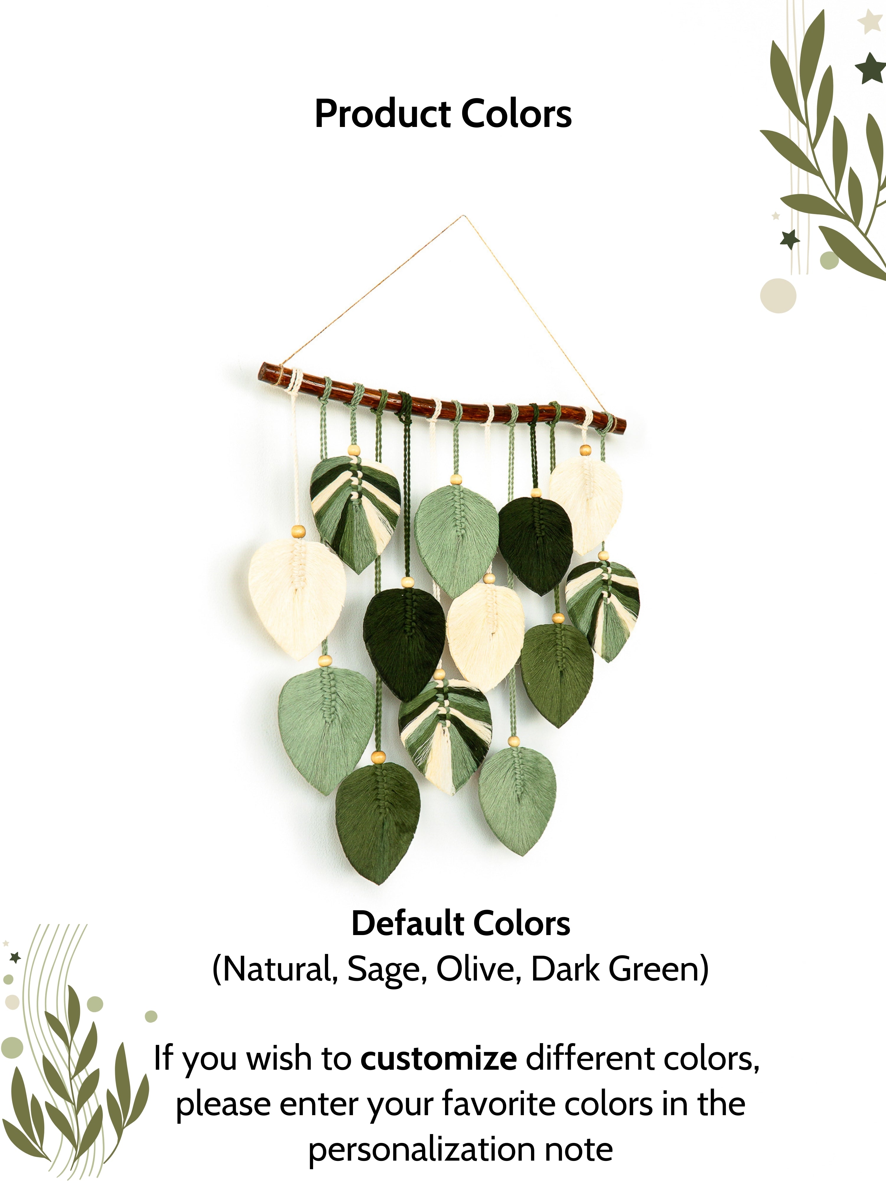 Colorful leaf-shaped wall hanging with customizable color options on a white background