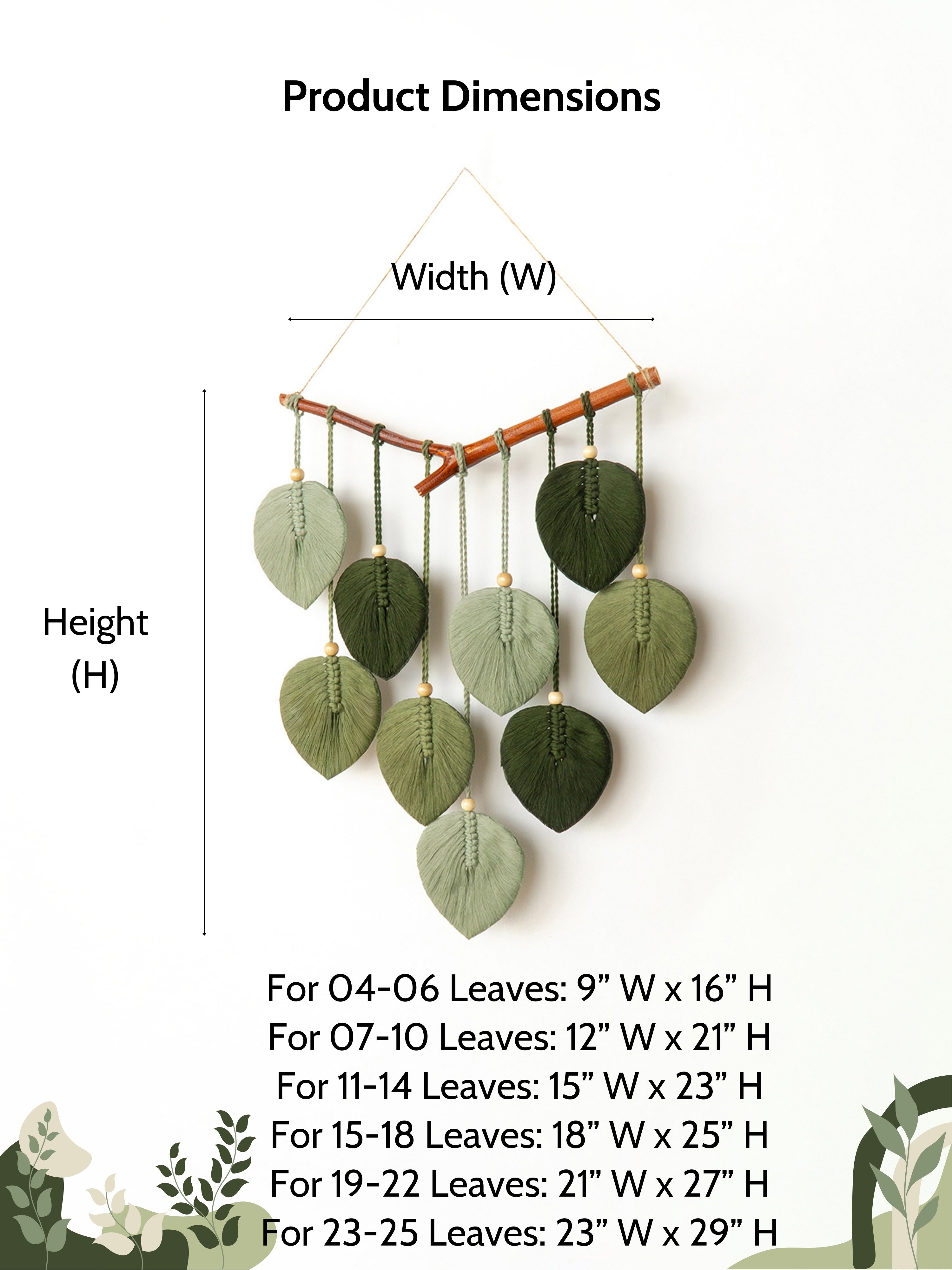 Wall hanging with leaves and measurement chart on a white background