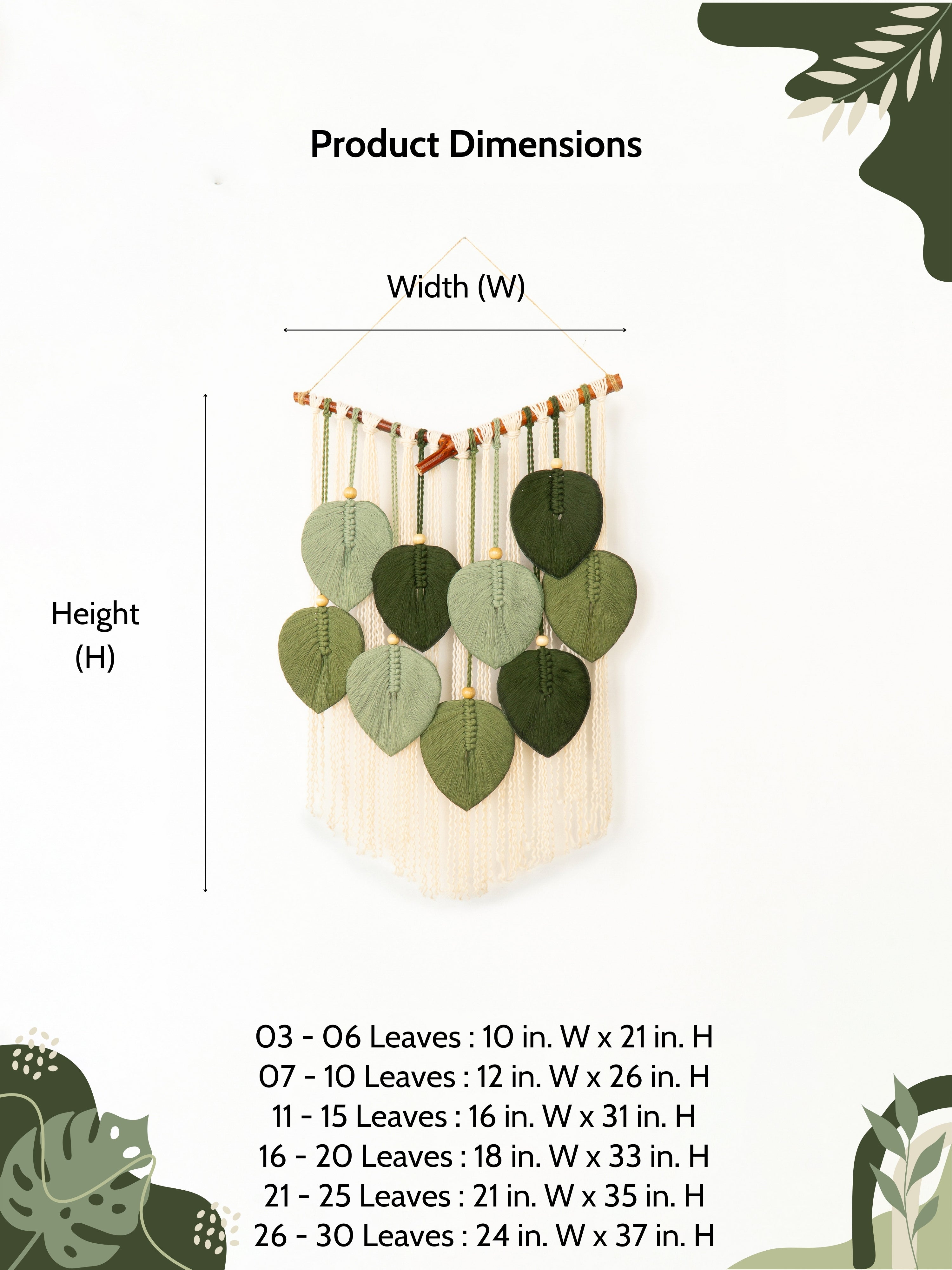 Wall hanging with leaves and dimensions displayed
