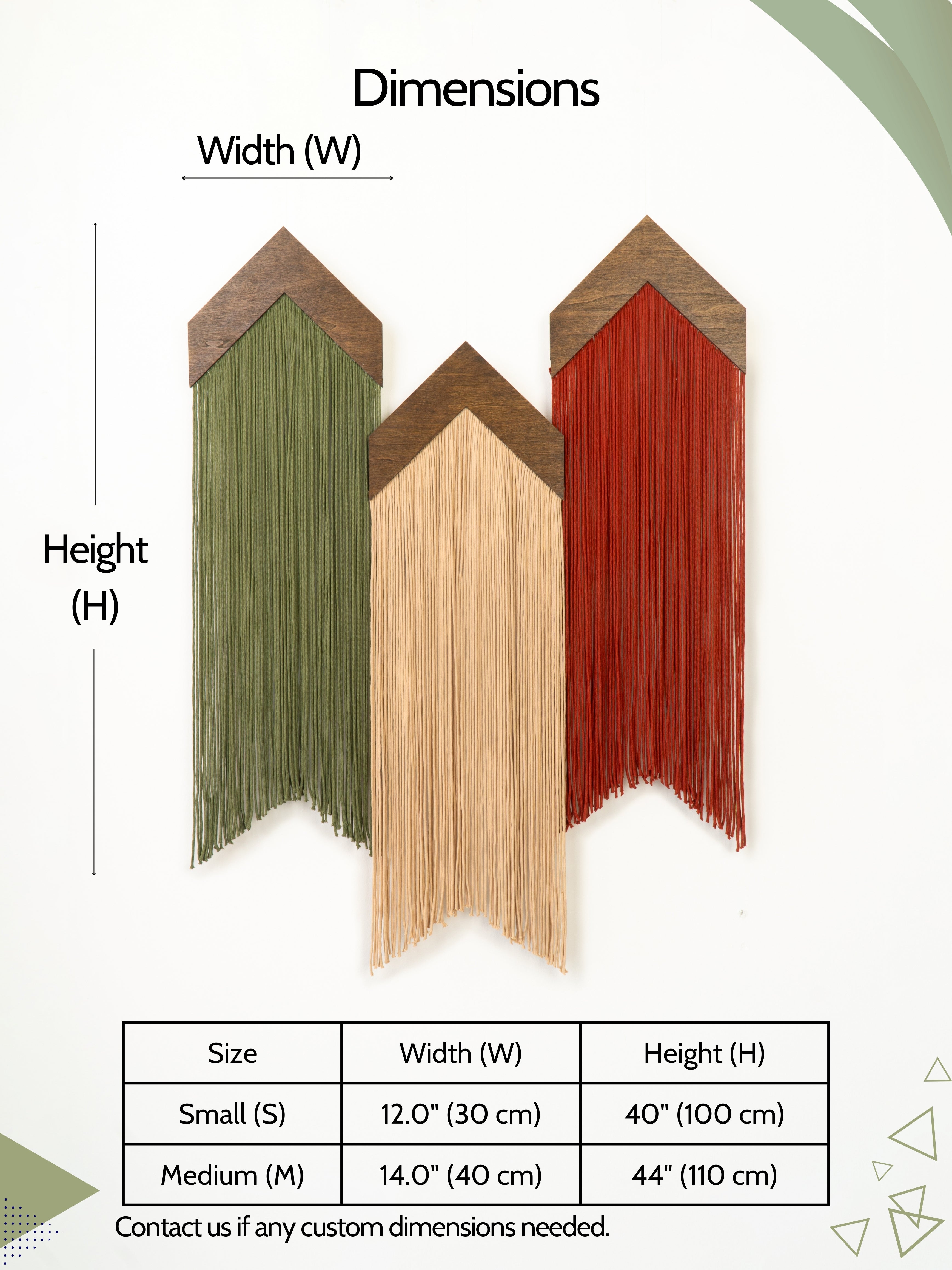 Wooden wall art with dimensions labeled and a color swatch.