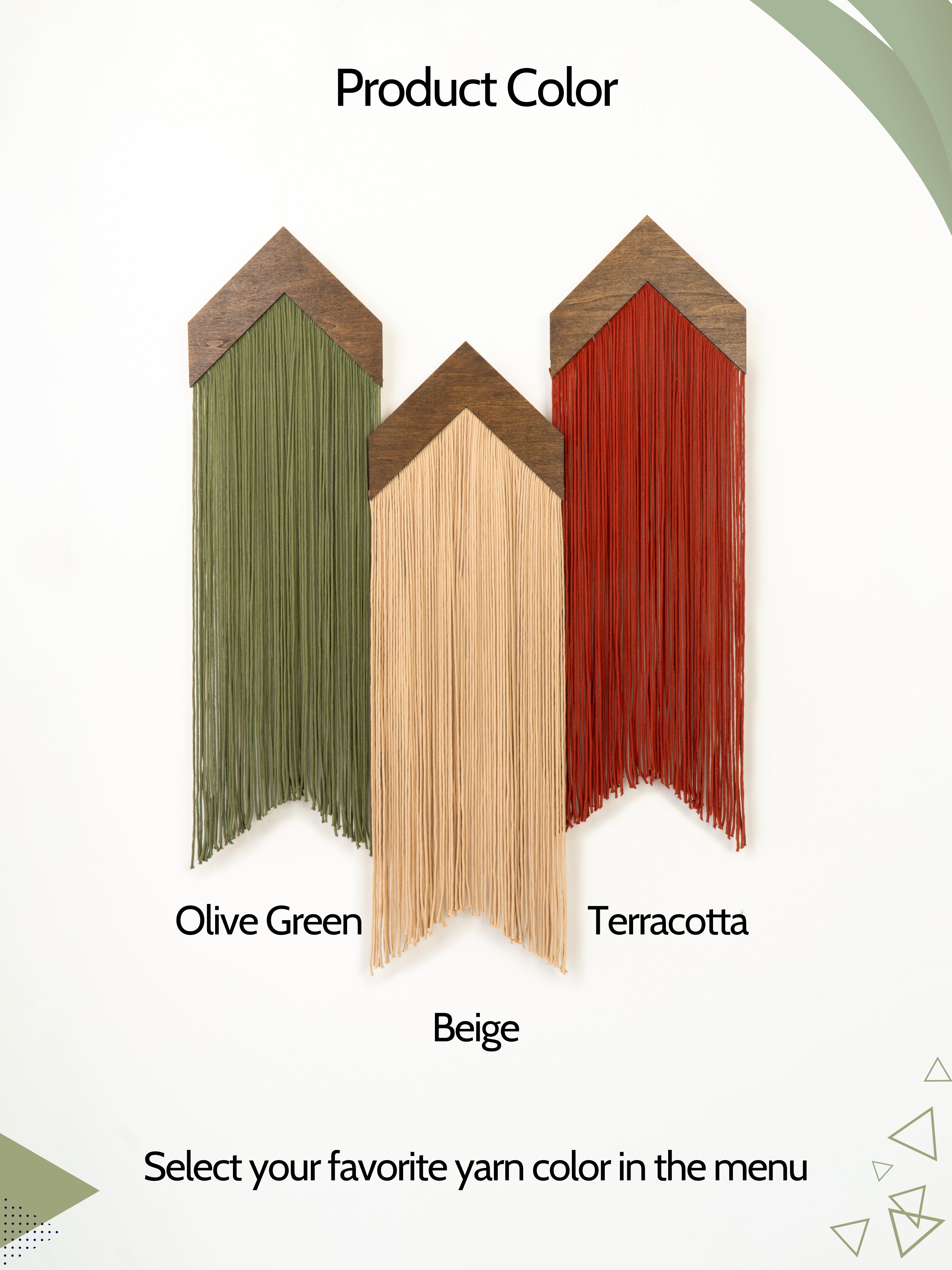 Color swatches labeled Olive Green, Terracotta, and Beige on a white background.