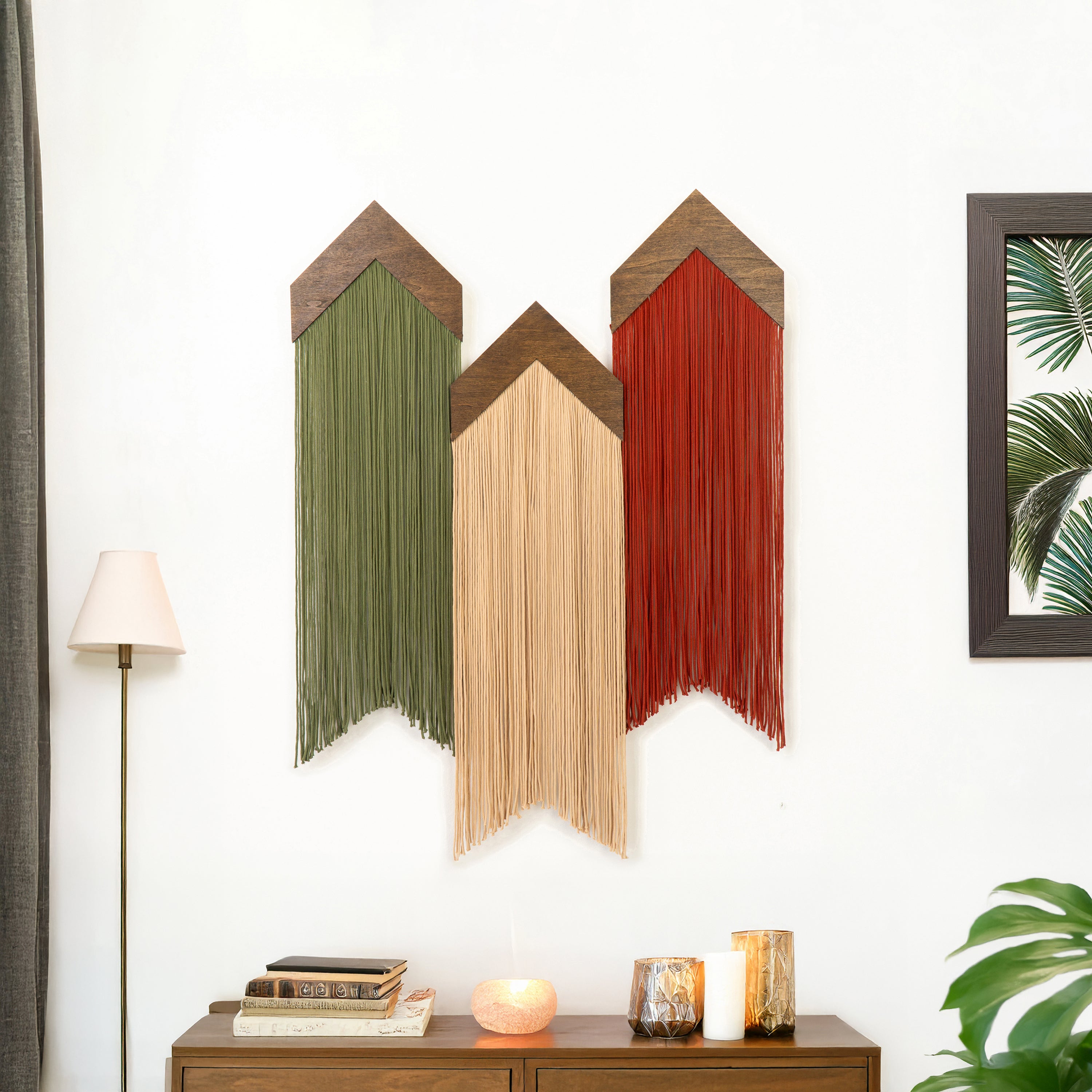 Decorative wall art with three colored panels in a living room setting.